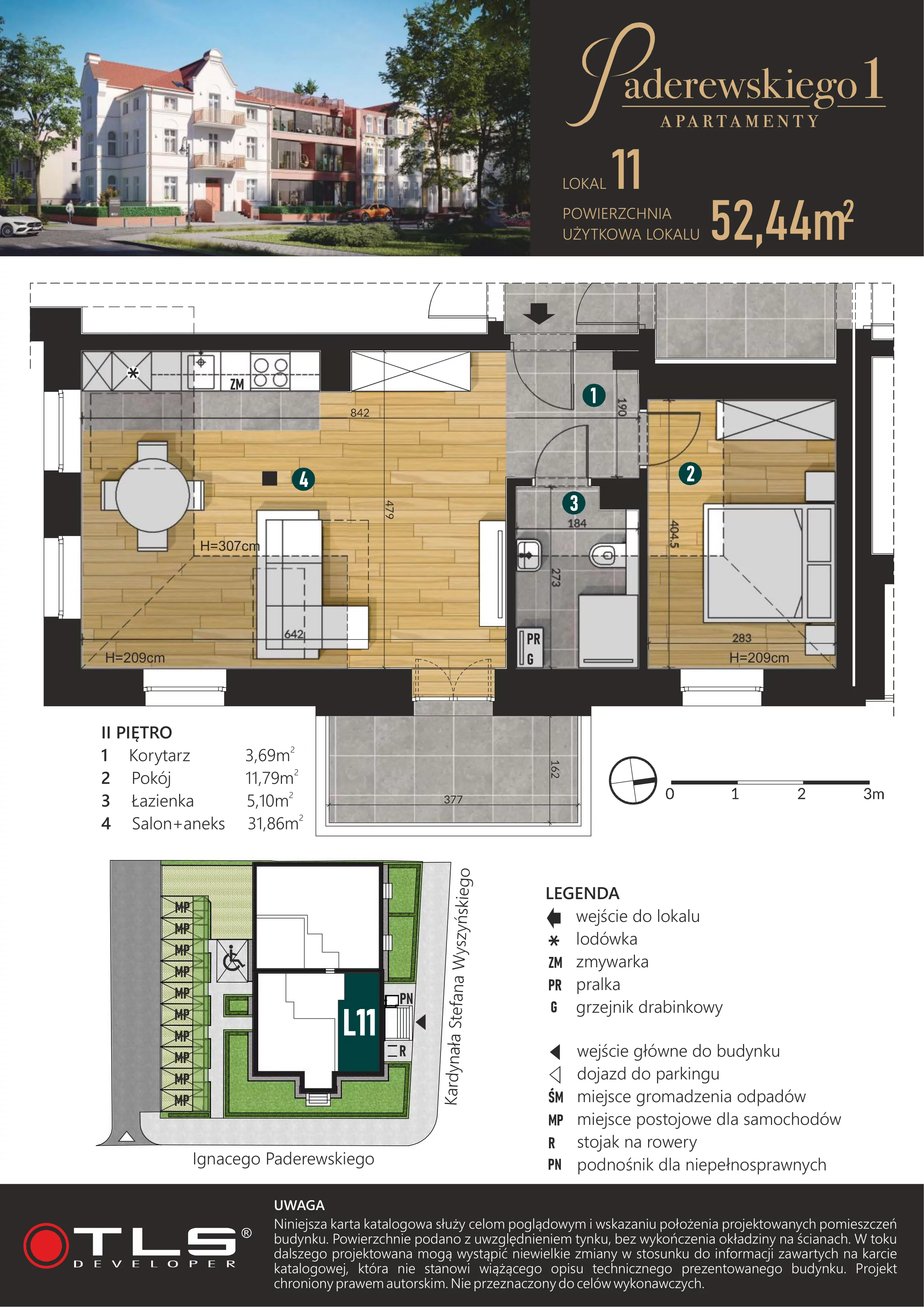 2 pokoje, apartament 52,44 m², piętro 2, oferta nr L11, Paderewskiego 1, Świnoujście, Śródmieście, ul. Paderewskiego 1