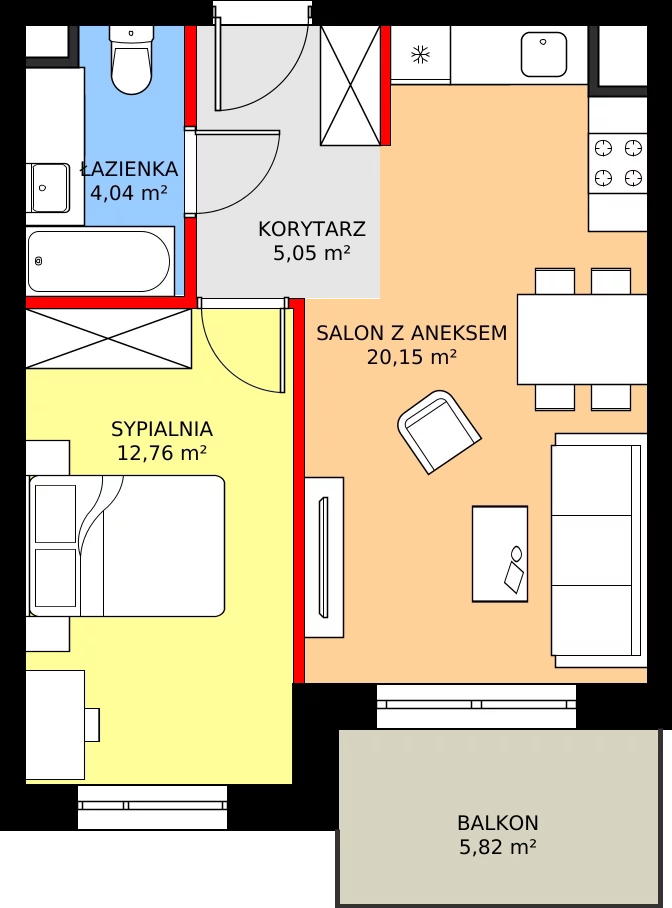 Zalety mieszkania 42.51 m², K2.02
