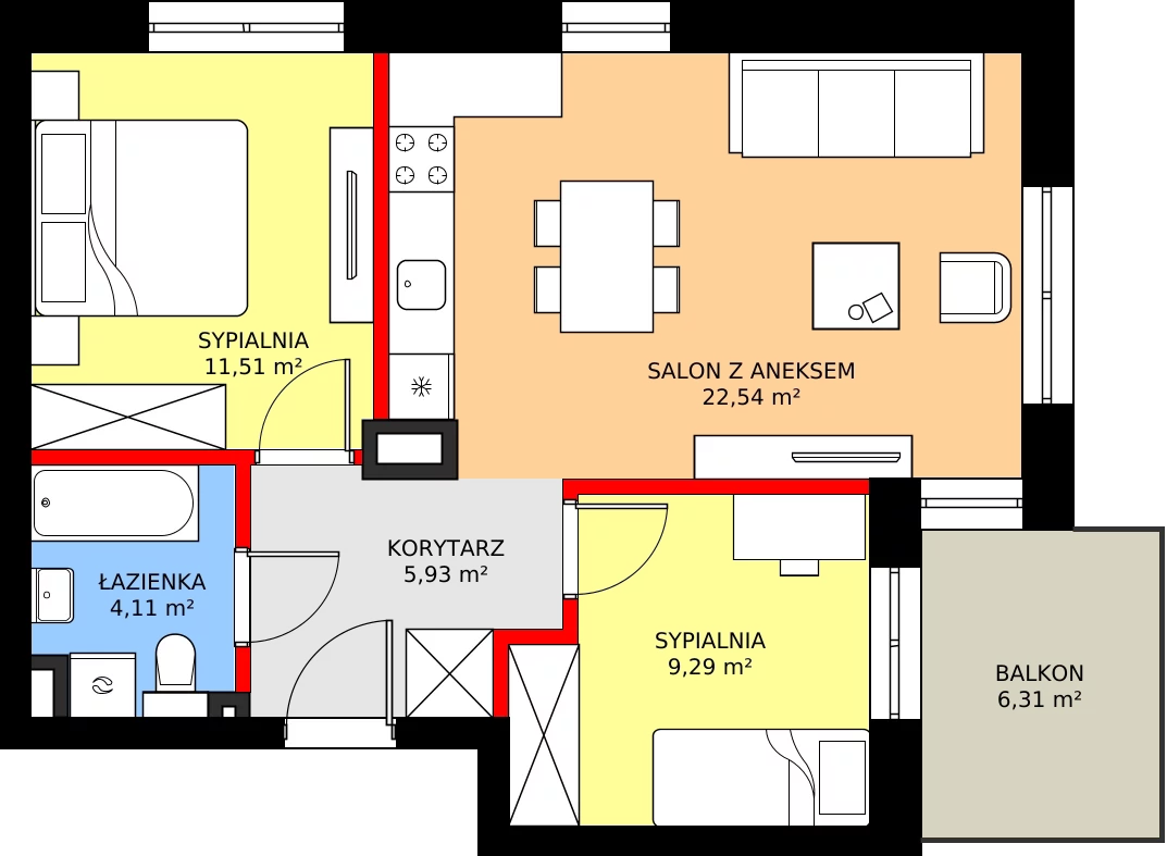 Zalety mieszkania 53.38 m², B1.M7