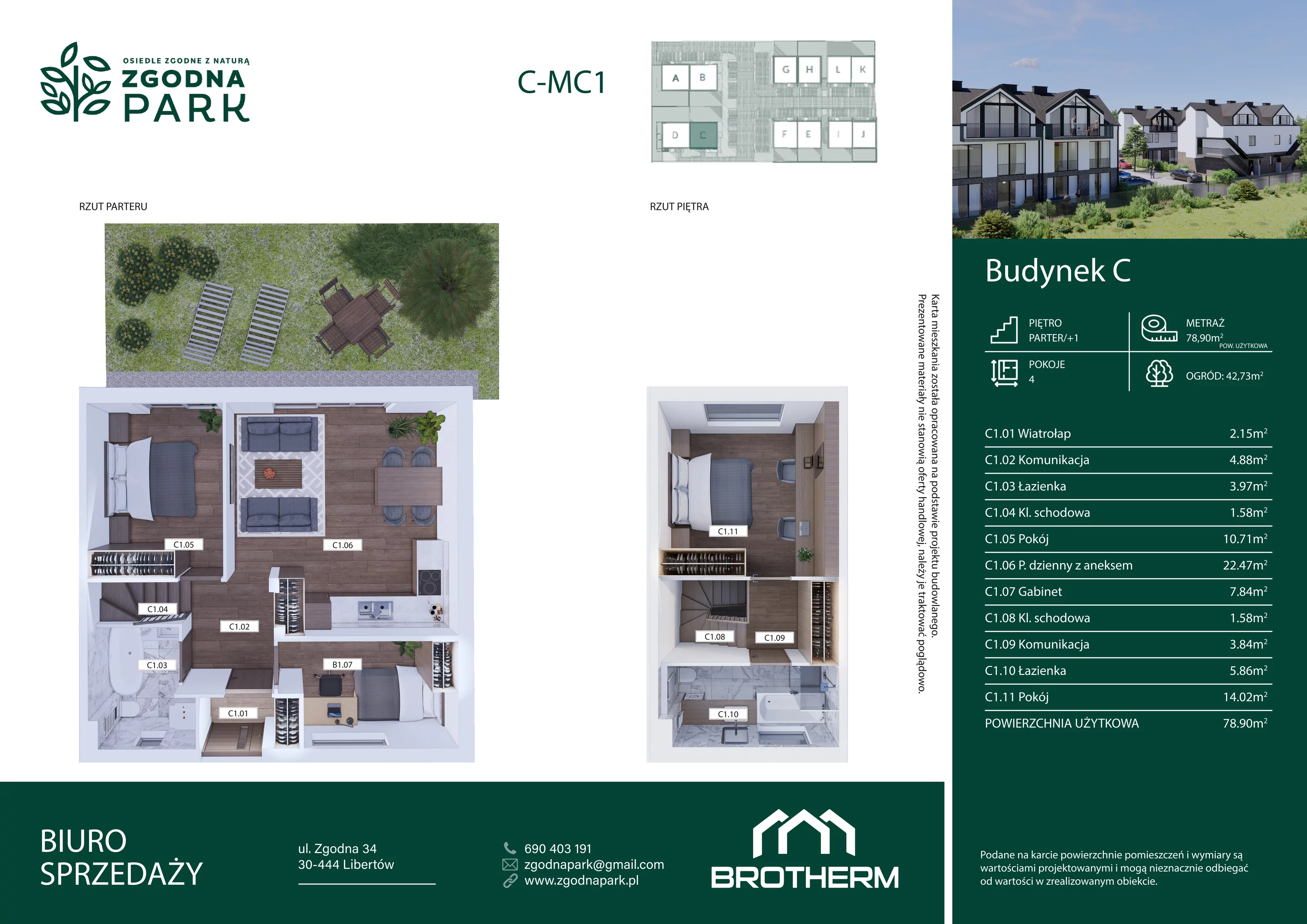 4 pokoje, mieszkanie 78,90 m², parter, oferta nr C1, Zgodna Park, Libertów, ul Zgodna