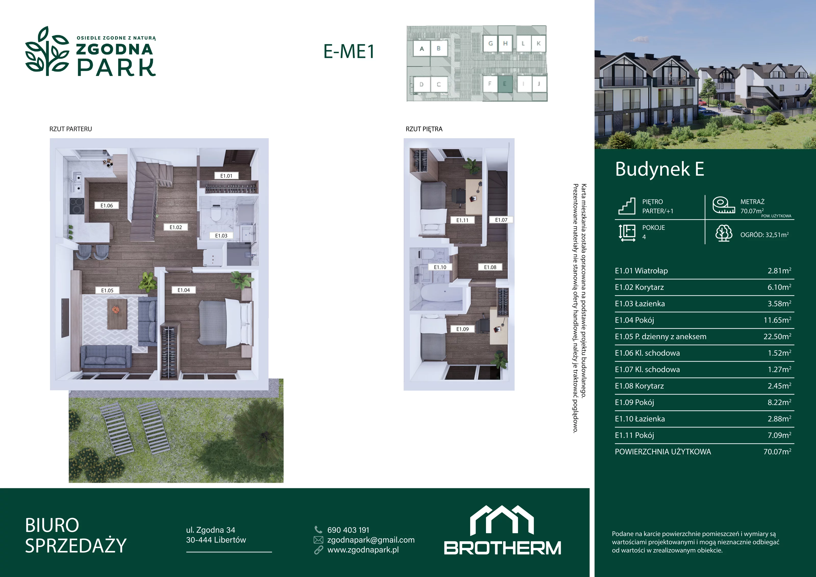4 pokoje, mieszkanie 70,07 m², parter, oferta nr E1, Zgodna Park, Libertów, ul Zgodna