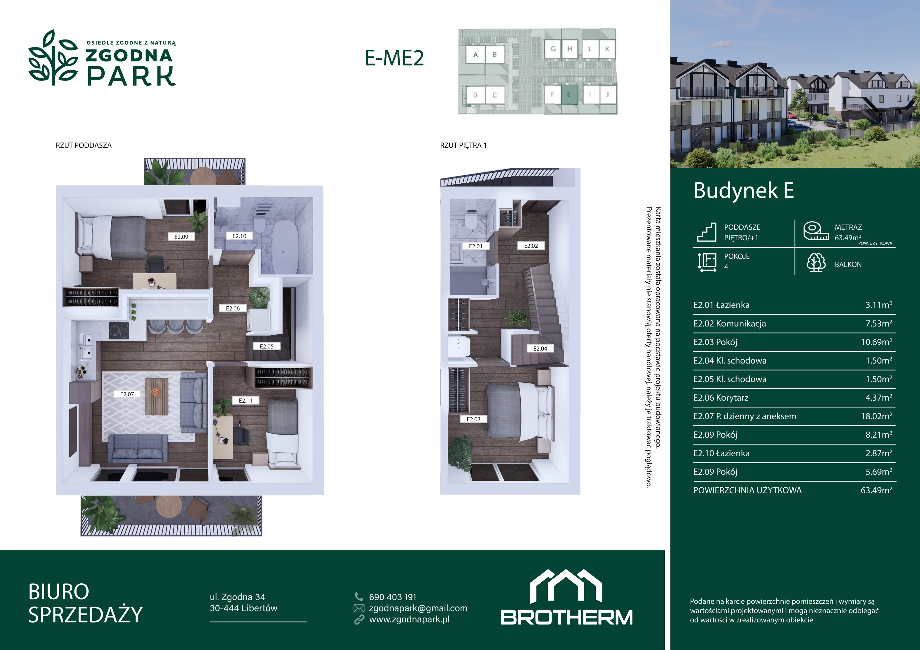 4 pokoje, mieszkanie 63,49 m², piętro 1, oferta nr E2, Zgodna Park, Libertów, ul Zgodna