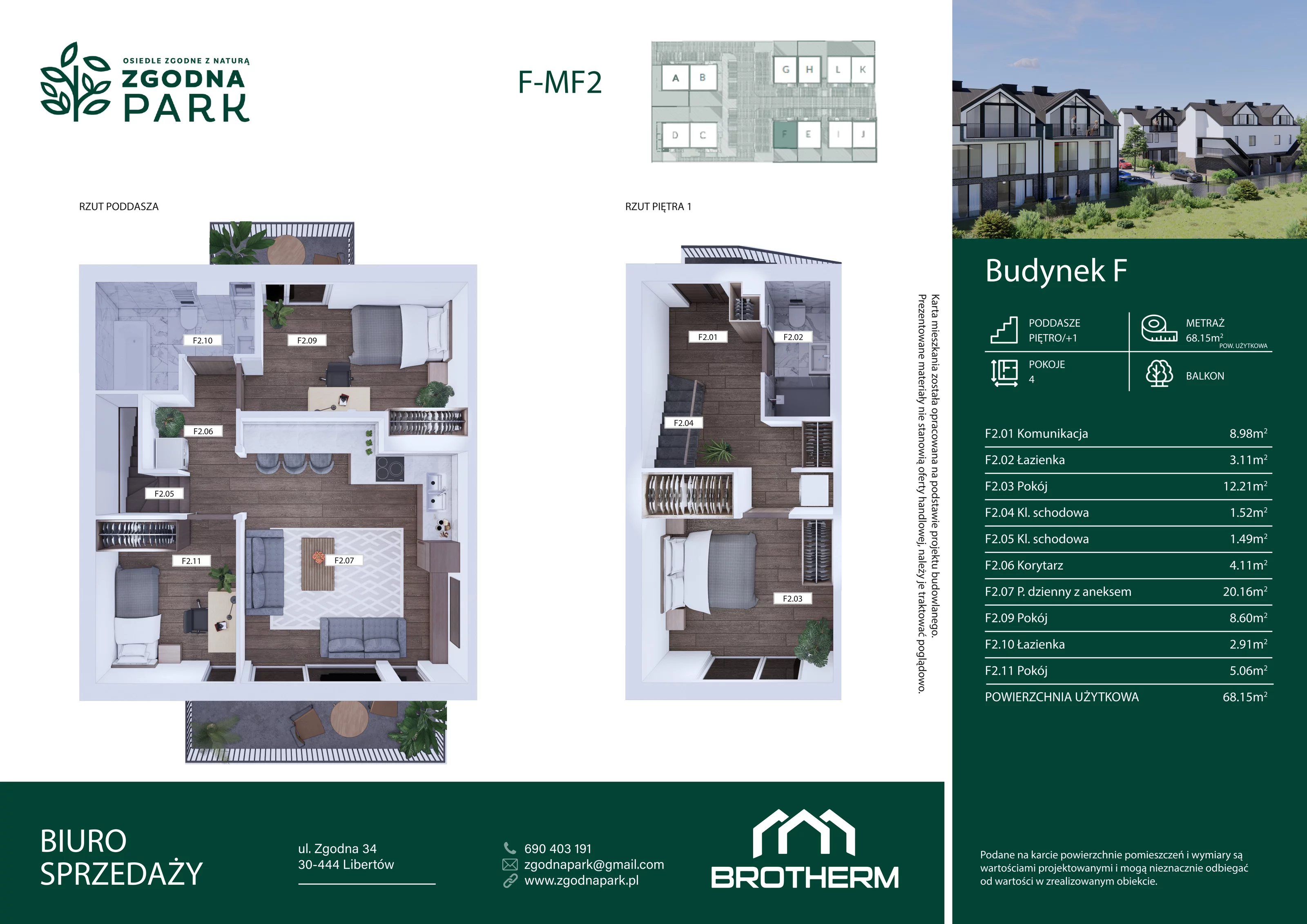 4 pokoje, mieszkanie 68,15 m², piętro 1, oferta nr F2, Zgodna Park, Libertów, ul Zgodna