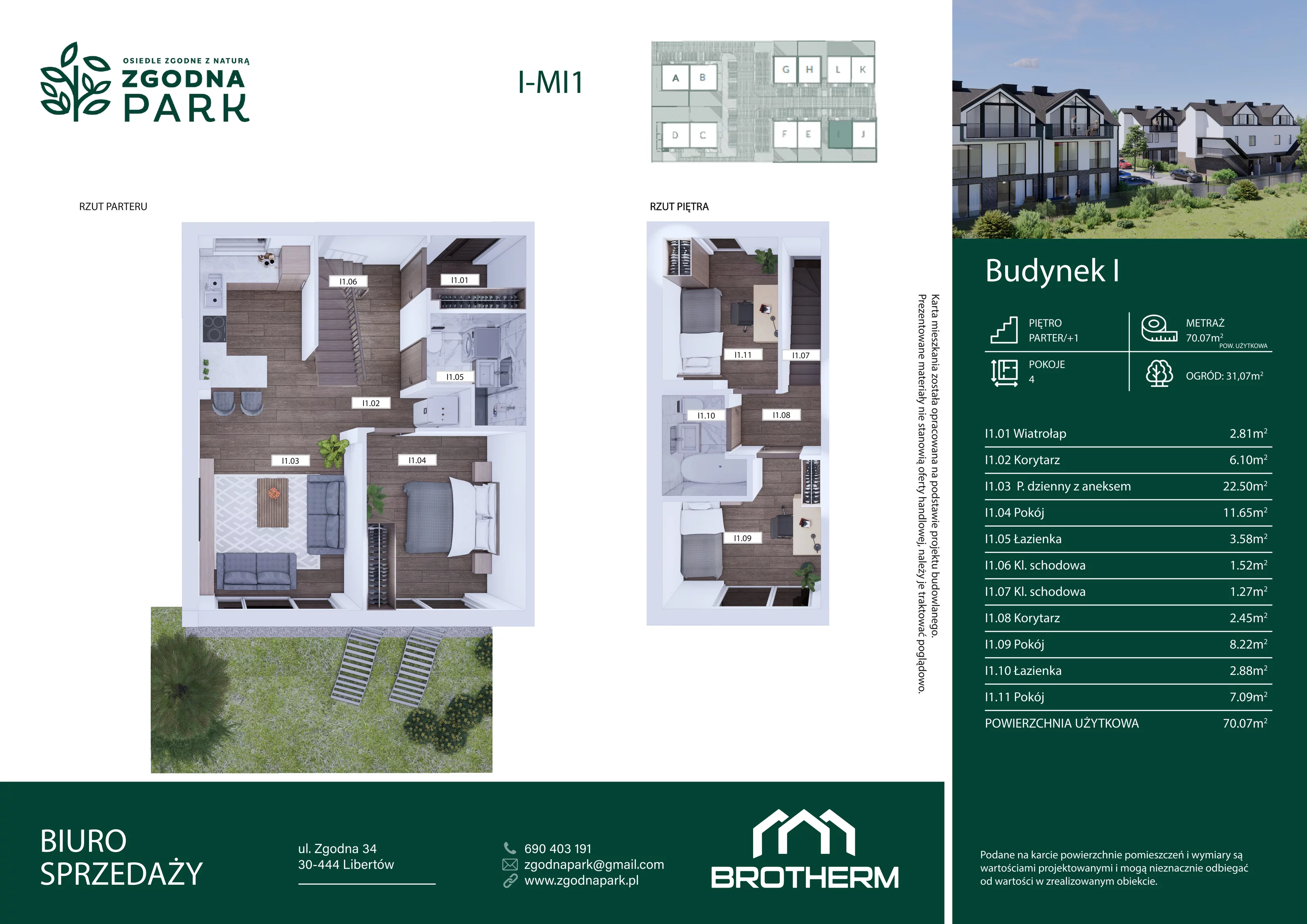 4 pokoje, mieszkanie 70,07 m², parter, oferta nr I1, Zgodna Park, Libertów, ul Zgodna