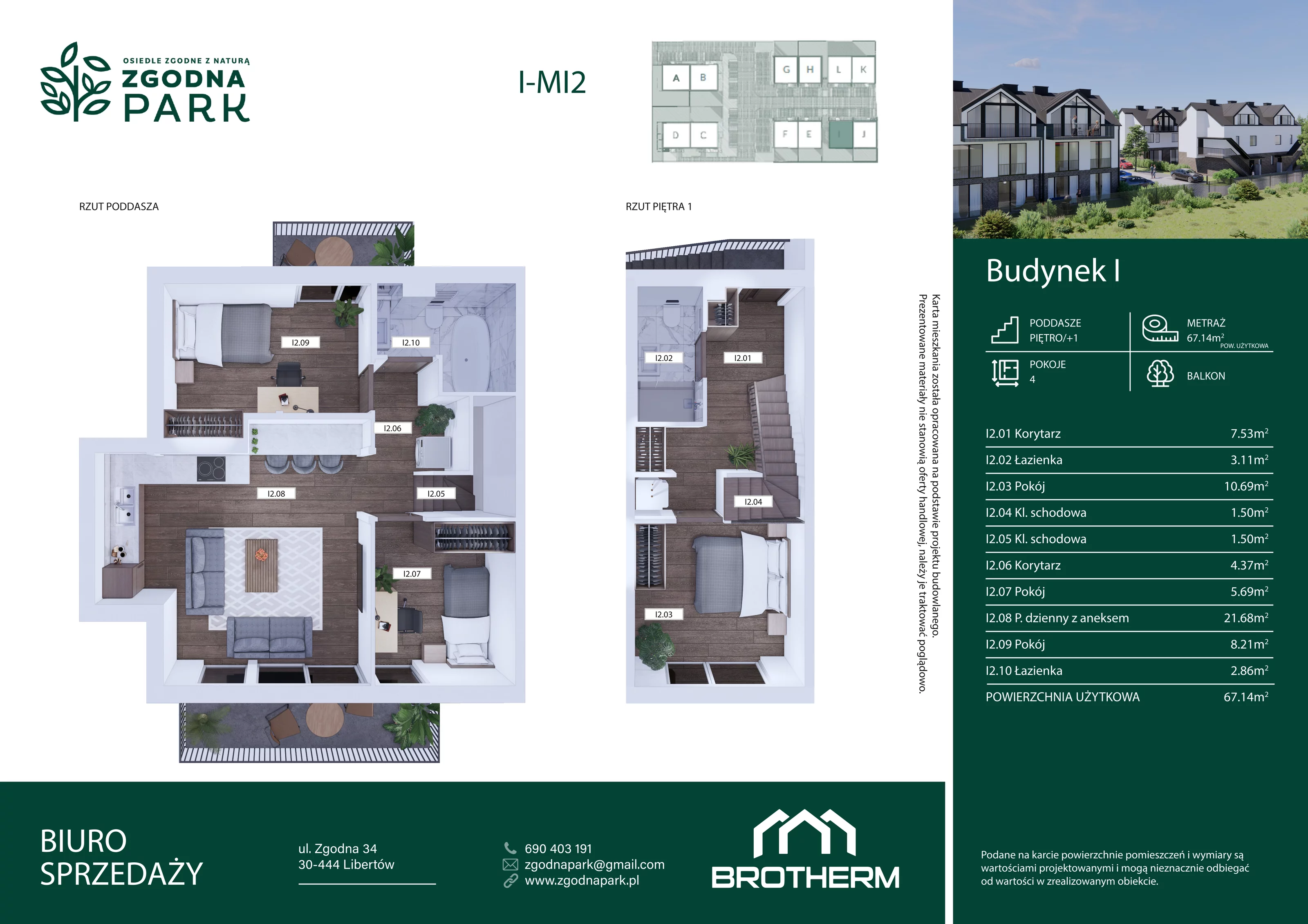 4 pokoje, mieszkanie 67,14 m², piętro 1, oferta nr I2, Zgodna Park, Libertów, ul Zgodna