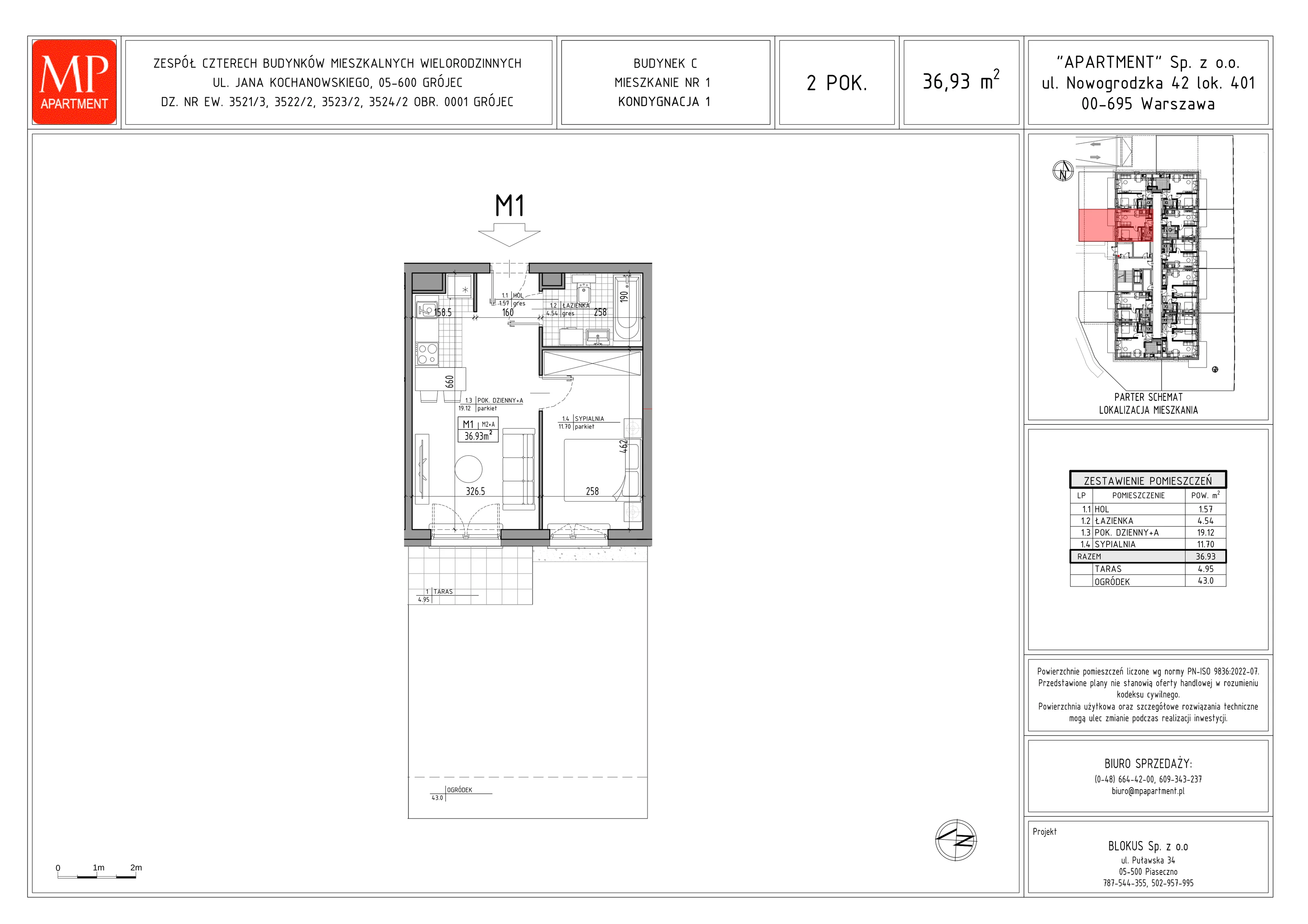 2 pokoje, mieszkanie 36,93 m², parter, oferta nr C.1, Trakt Królewski - Budynek C, Grójec, ul. Mikołaja Reja 9