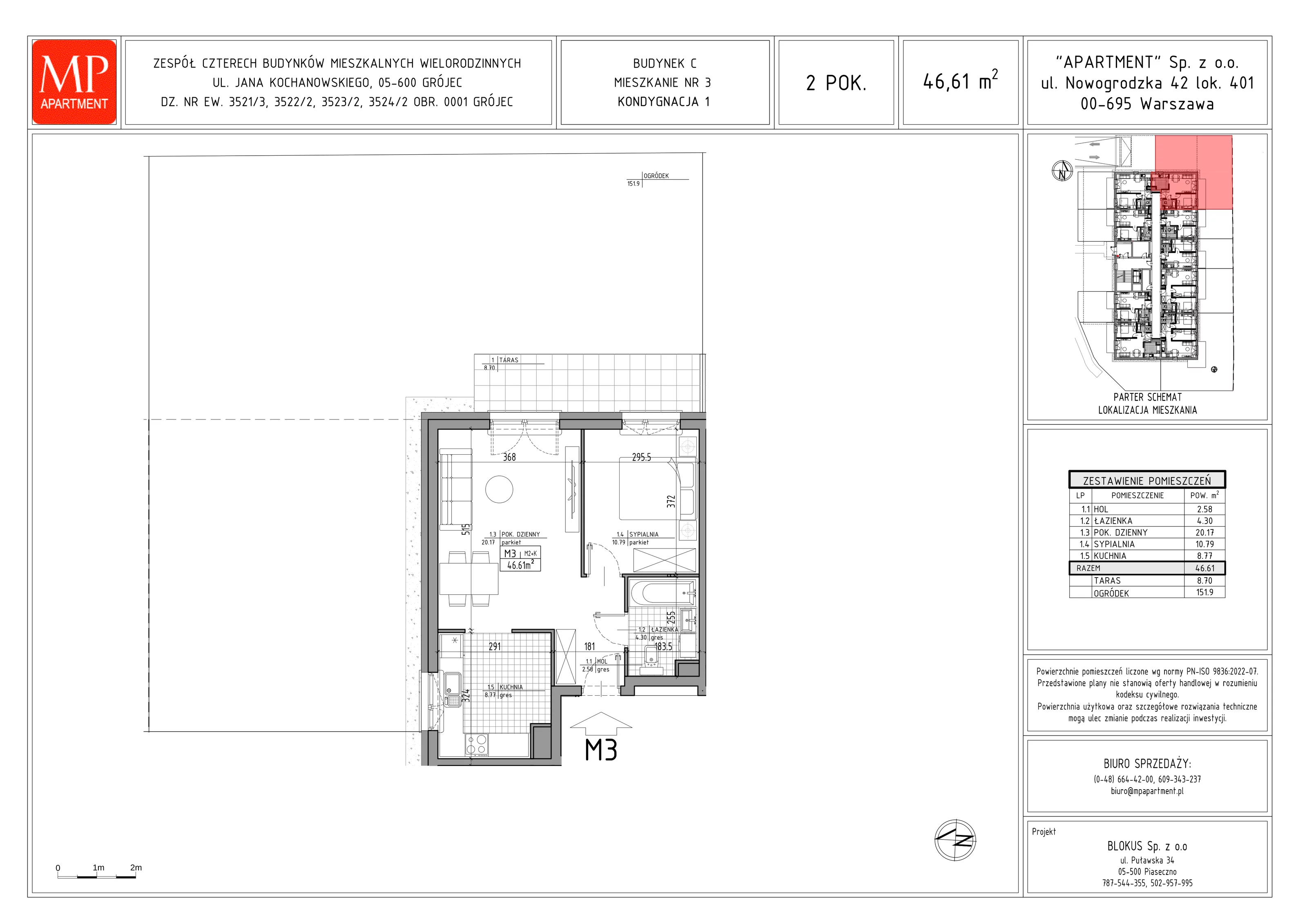 2 pokoje, mieszkanie 46,61 m², parter, oferta nr C.3, Trakt Królewski - Budynek C, Grójec, ul. Mikołaja Reja 9