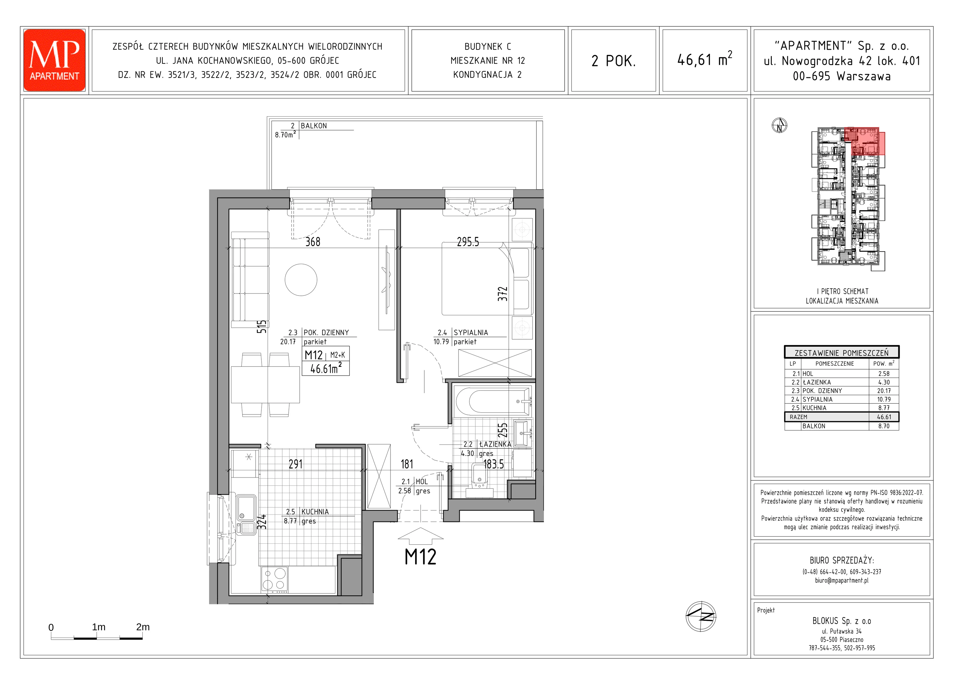 2 pokoje, mieszkanie 46,61 m², piętro 1, oferta nr C.12, Trakt Królewski - Budynek C, Grójec, ul. Mikołaja Reja 9