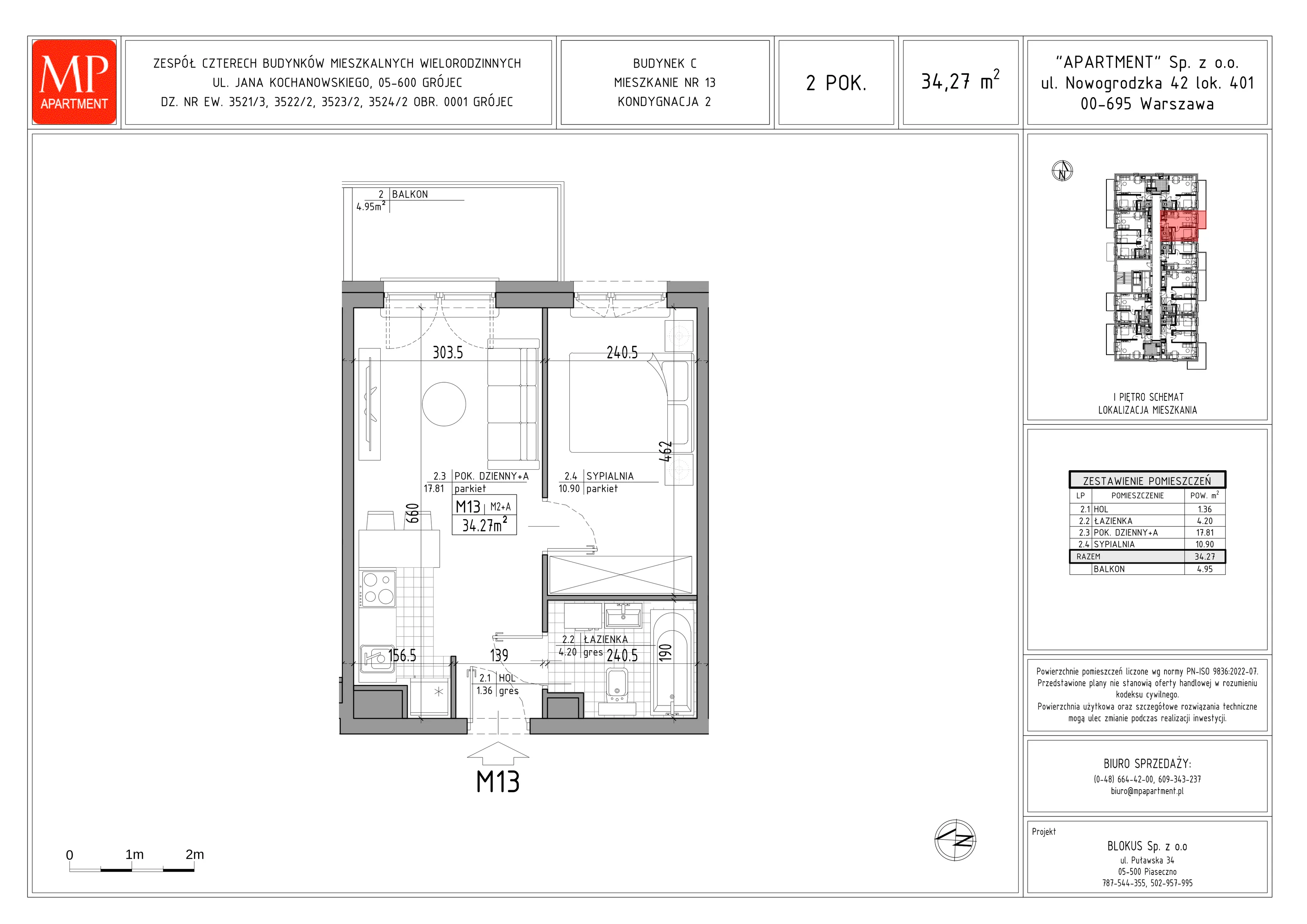 2 pokoje, mieszkanie 34,27 m², piętro 1, oferta nr C.13, Trakt Królewski - Budynek C, Grójec, ul. Mikołaja Reja 9