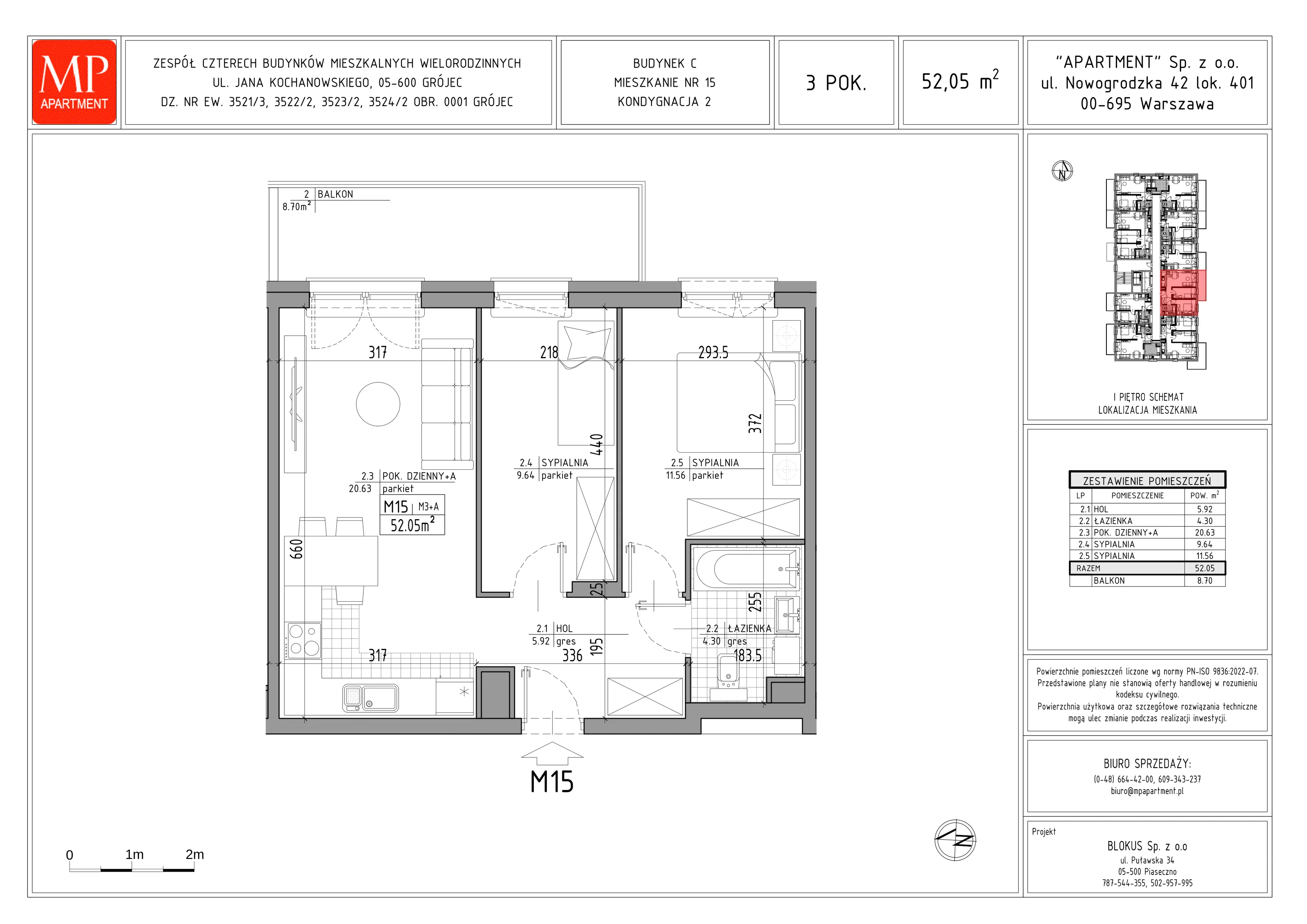 3 pokoje, mieszkanie 52,05 m², piętro 1, oferta nr C.15, Trakt Królewski - Budynek C, Grójec, ul. Mikołaja Reja 9