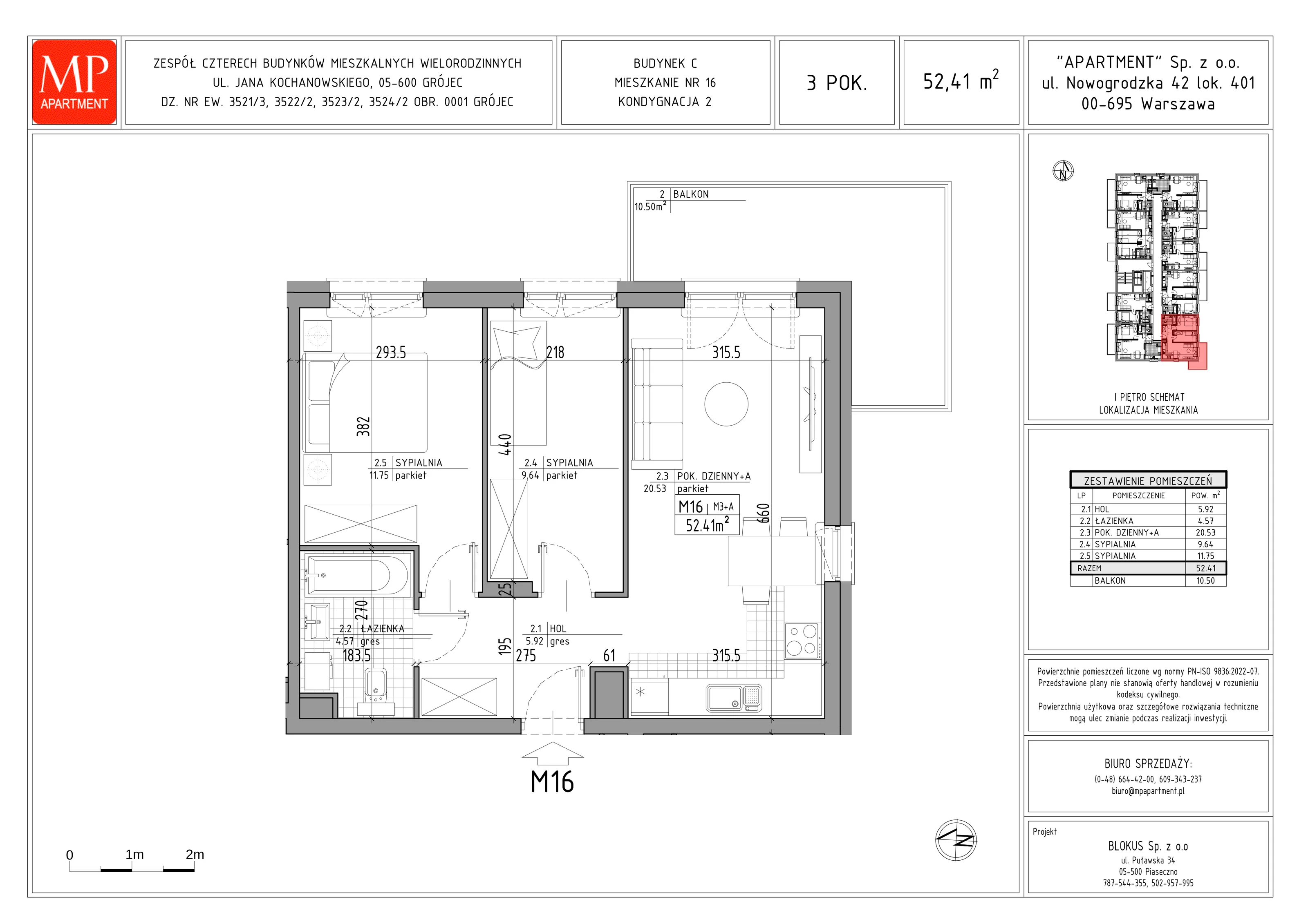 3 pokoje, mieszkanie 52,41 m², piętro 1, oferta nr C.16, Trakt Królewski - Budynek C, Grójec, ul. Mikołaja Reja 9