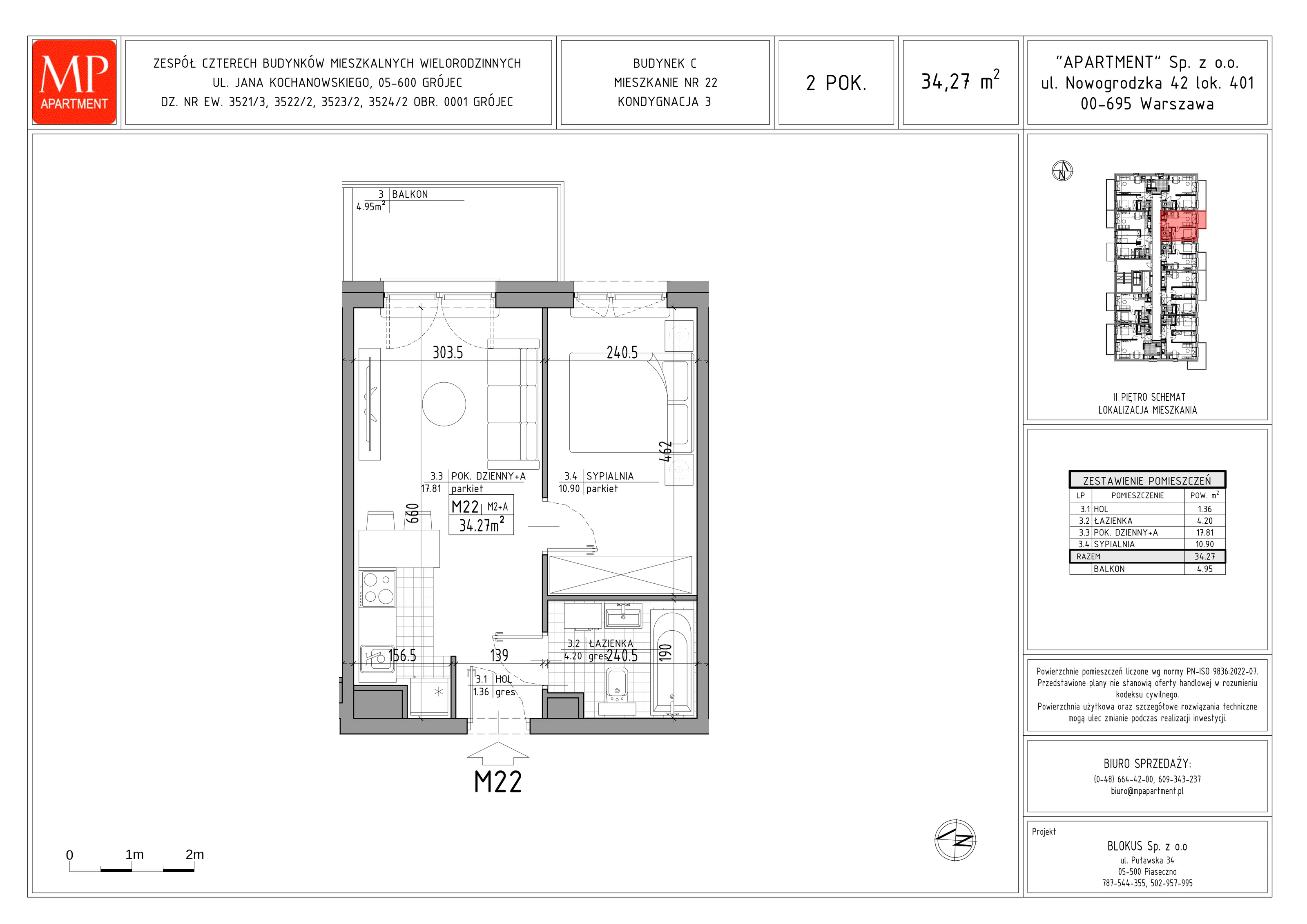 2 pokoje, mieszkanie 34,27 m², piętro 2, oferta nr C.22, Trakt Królewski - Budynek C, Grójec, ul. Mikołaja Reja 9