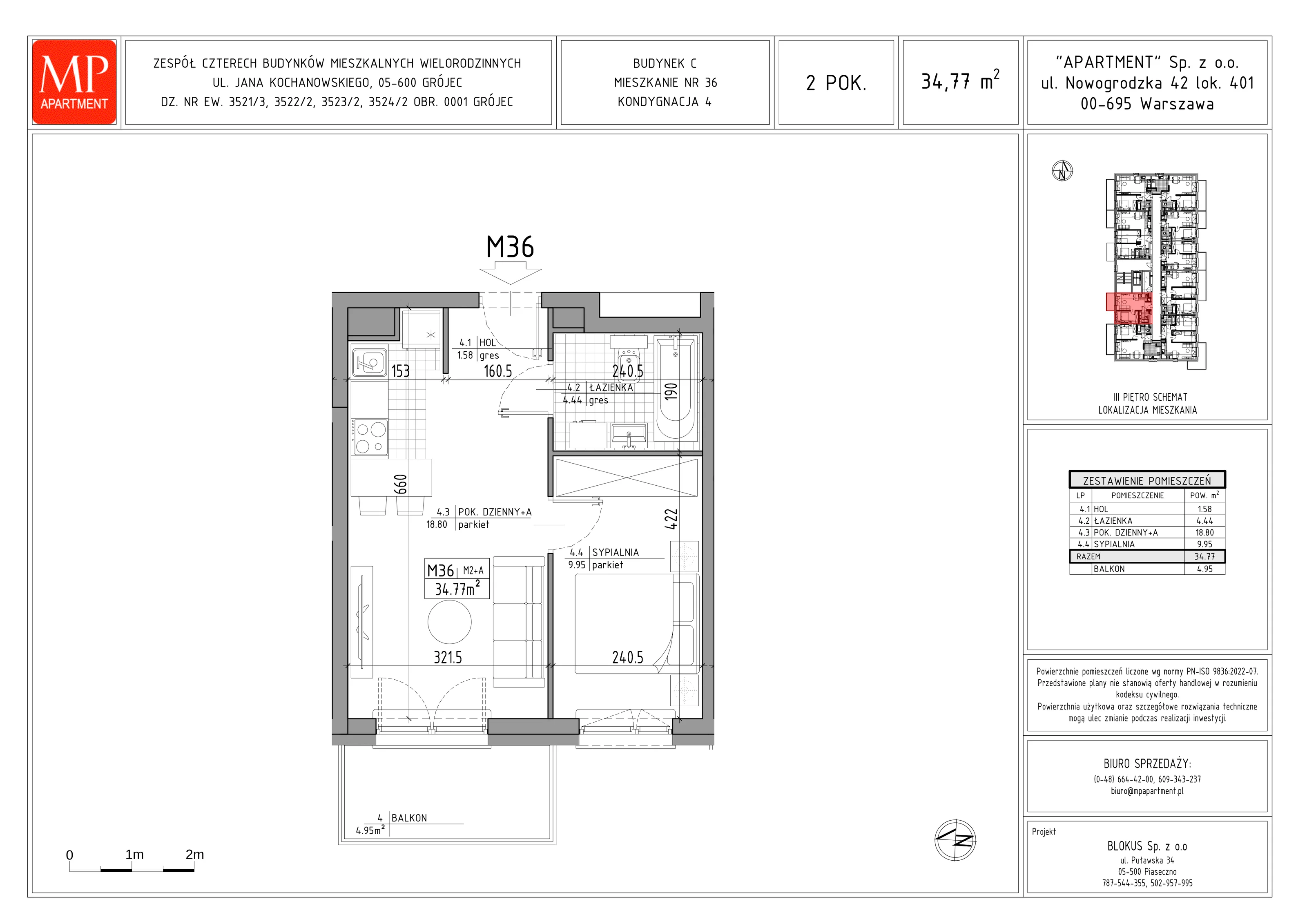 2 pokoje, mieszkanie 34,77 m², piętro 3, oferta nr C.36, Trakt Królewski - Budynek C, Grójec, ul. Mikołaja Reja 9