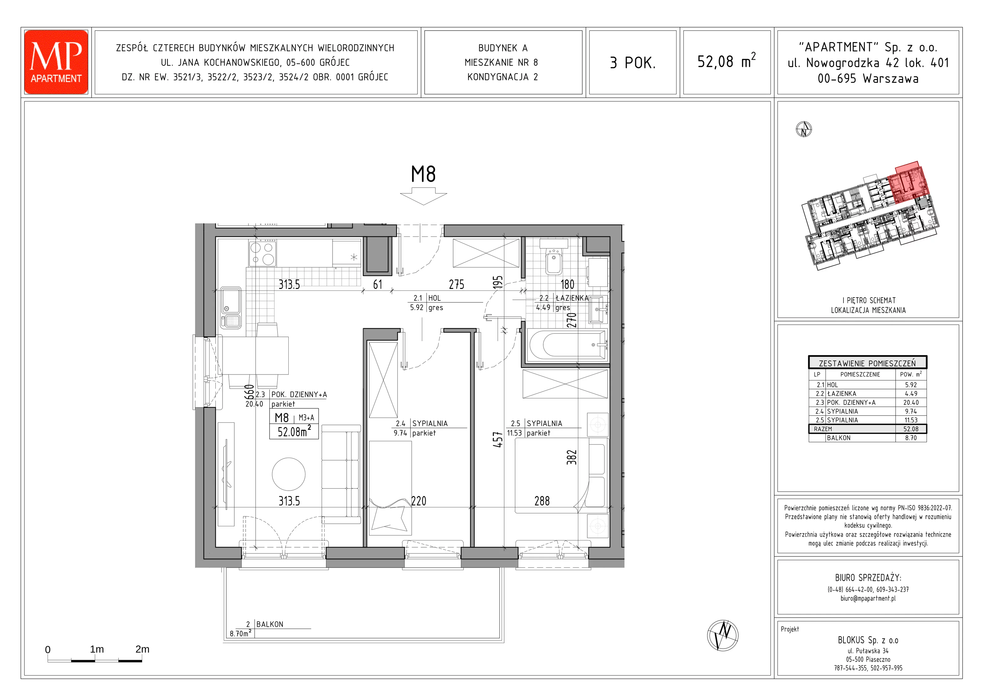 3 pokoje, mieszkanie 52,08 m², piętro 1, oferta nr A.8, Trakt Królewski, Grójec, ul. Mikołaja Reja 9