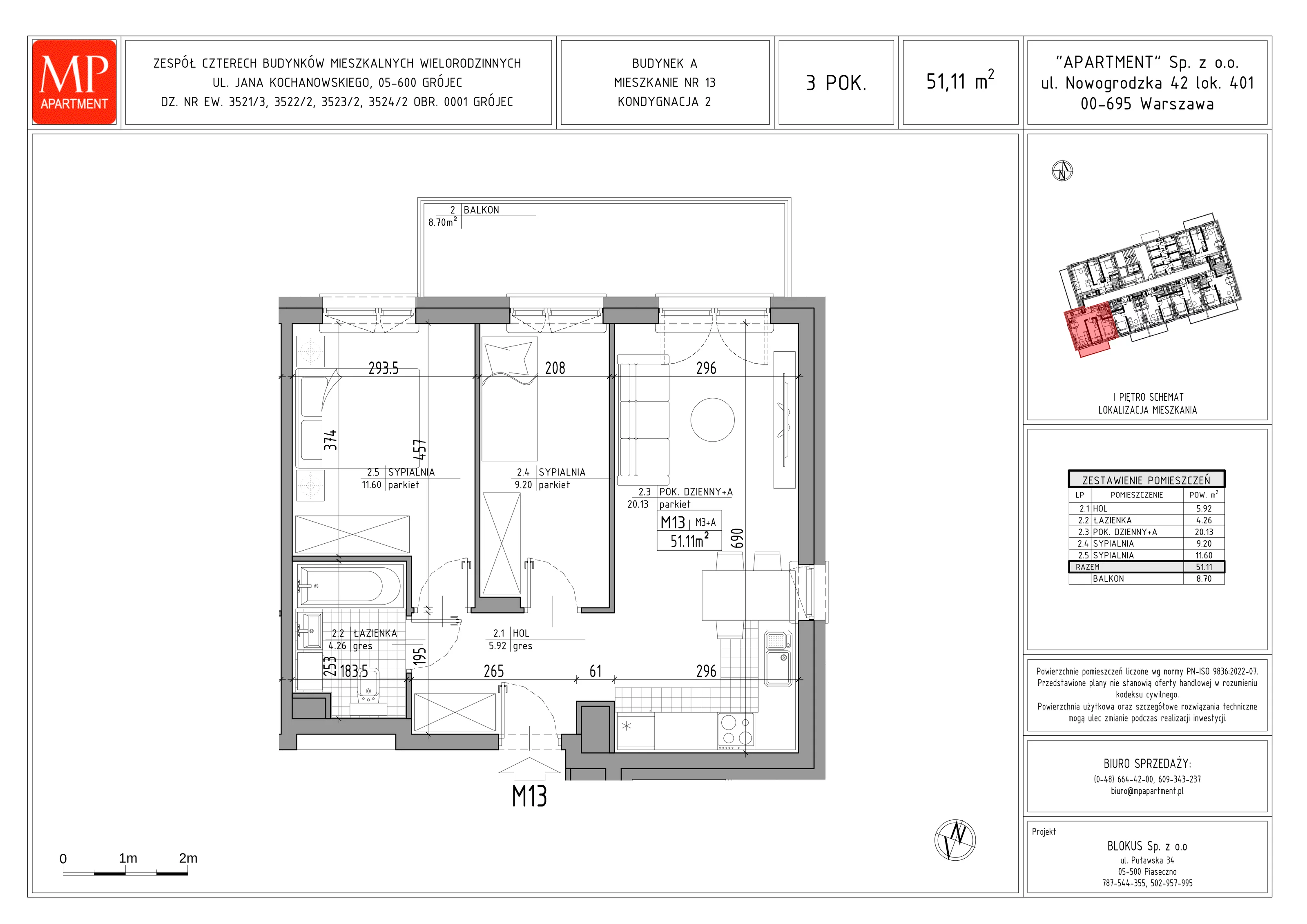 3 pokoje, mieszkanie 51,11 m², piętro 1, oferta nr A.13, Trakt Królewski, Grójec, ul. Mikołaja Reja 9