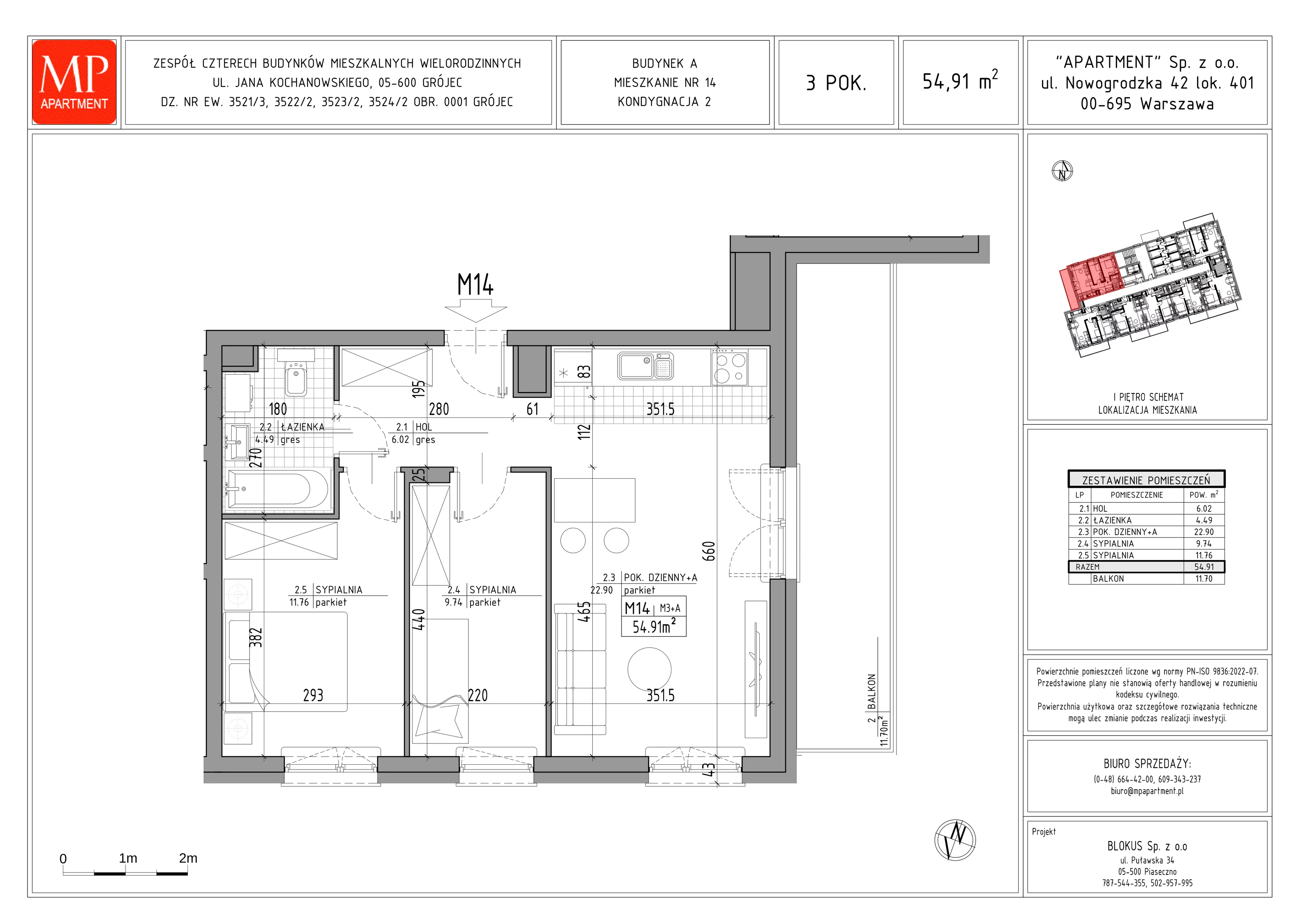 3 pokoje, mieszkanie 54,91 m², piętro 1, oferta nr A.14, Trakt Królewski, Grójec, ul. Mikołaja Reja 9