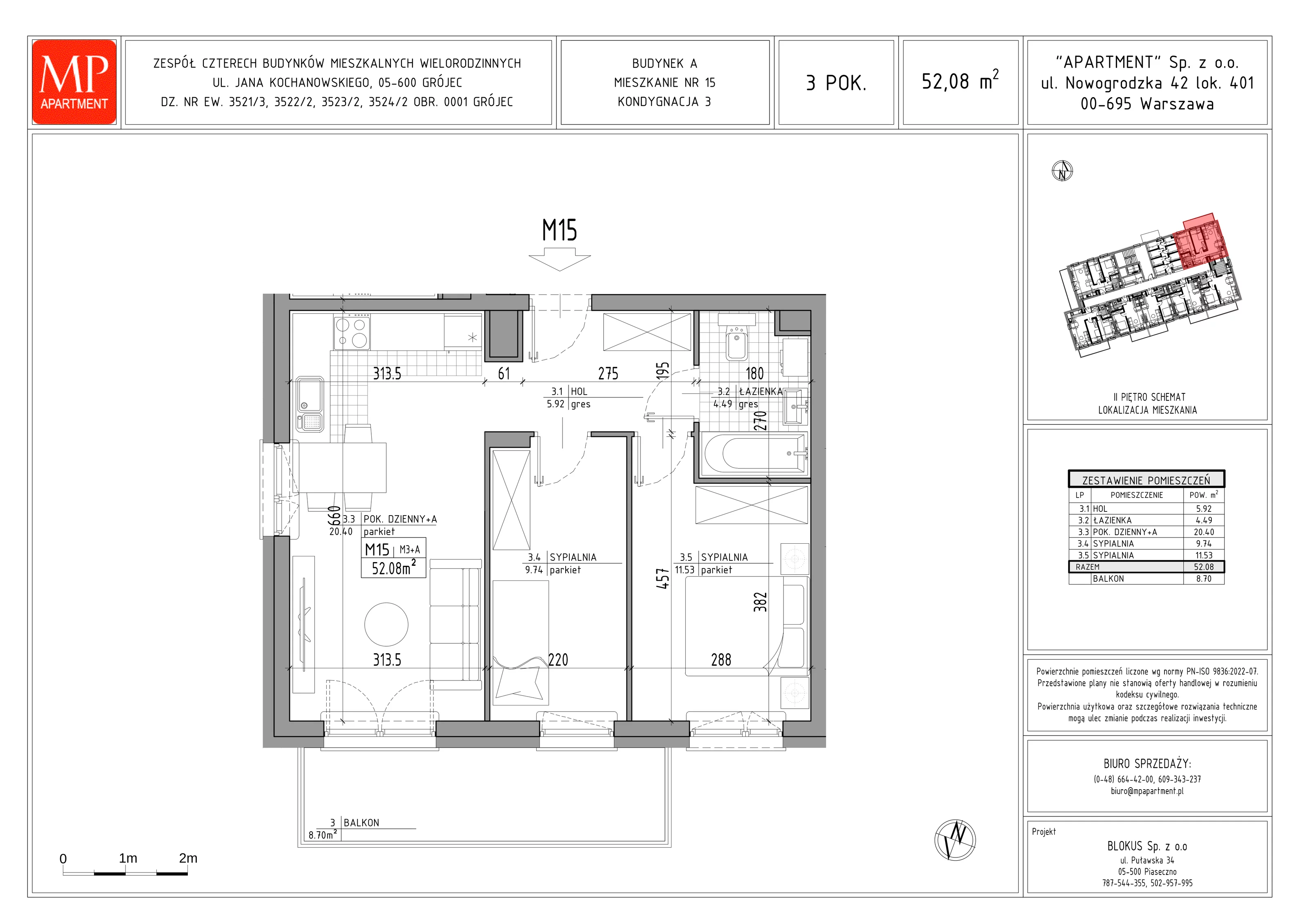 3 pokoje, mieszkanie 52,08 m², piętro 2, oferta nr A.15, Trakt Królewski, Grójec, ul. Mikołaja Reja 9