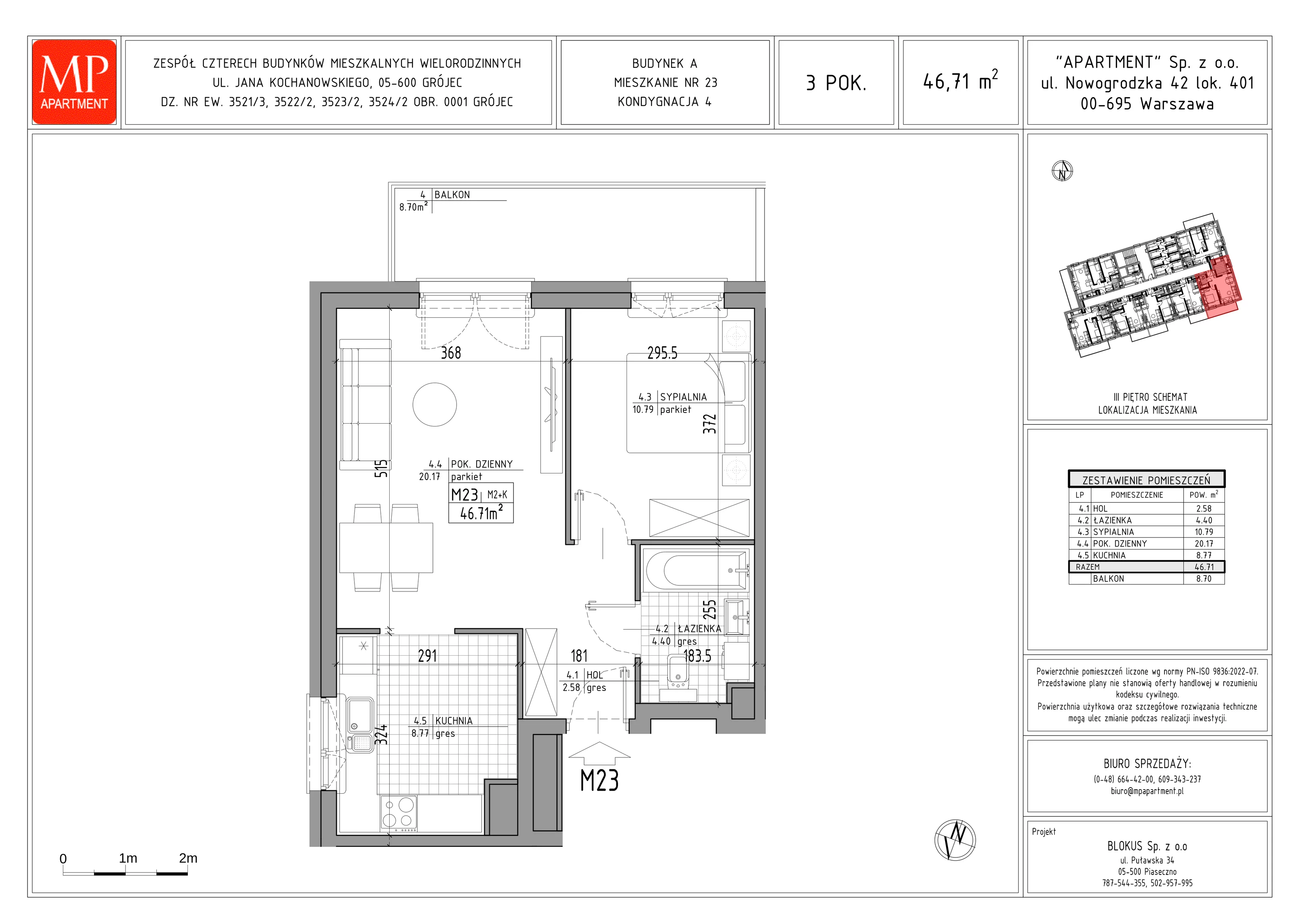 3 pokoje, mieszkanie 46,71 m², piętro 3, oferta nr A.23, Trakt Królewski, Grójec, ul. Mikołaja Reja 9