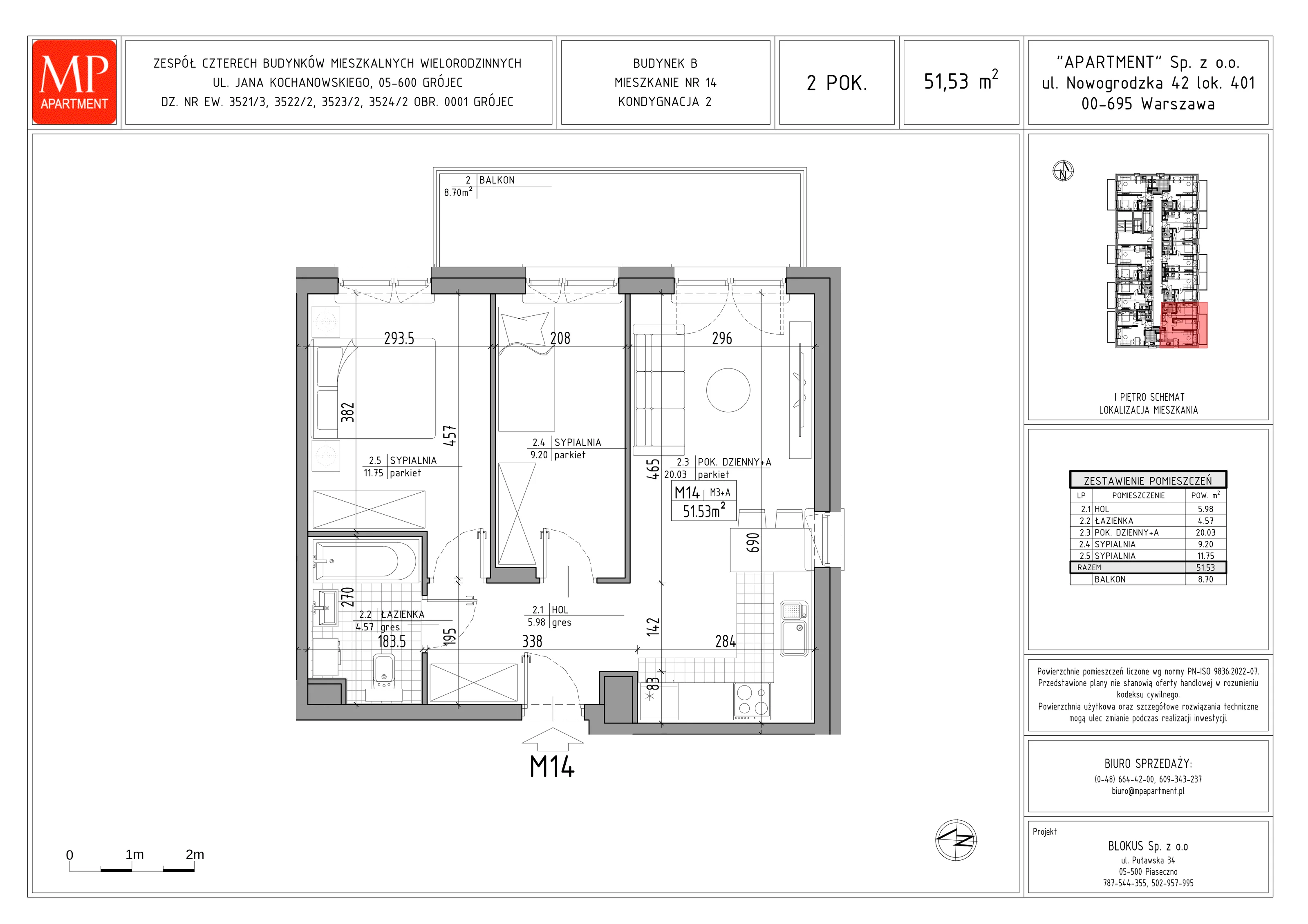 2 pokoje, mieszkanie 51,53 m², piętro 1, oferta nr B.14, Trakt Królewski, Grójec, ul. Mikołaja Reja 9