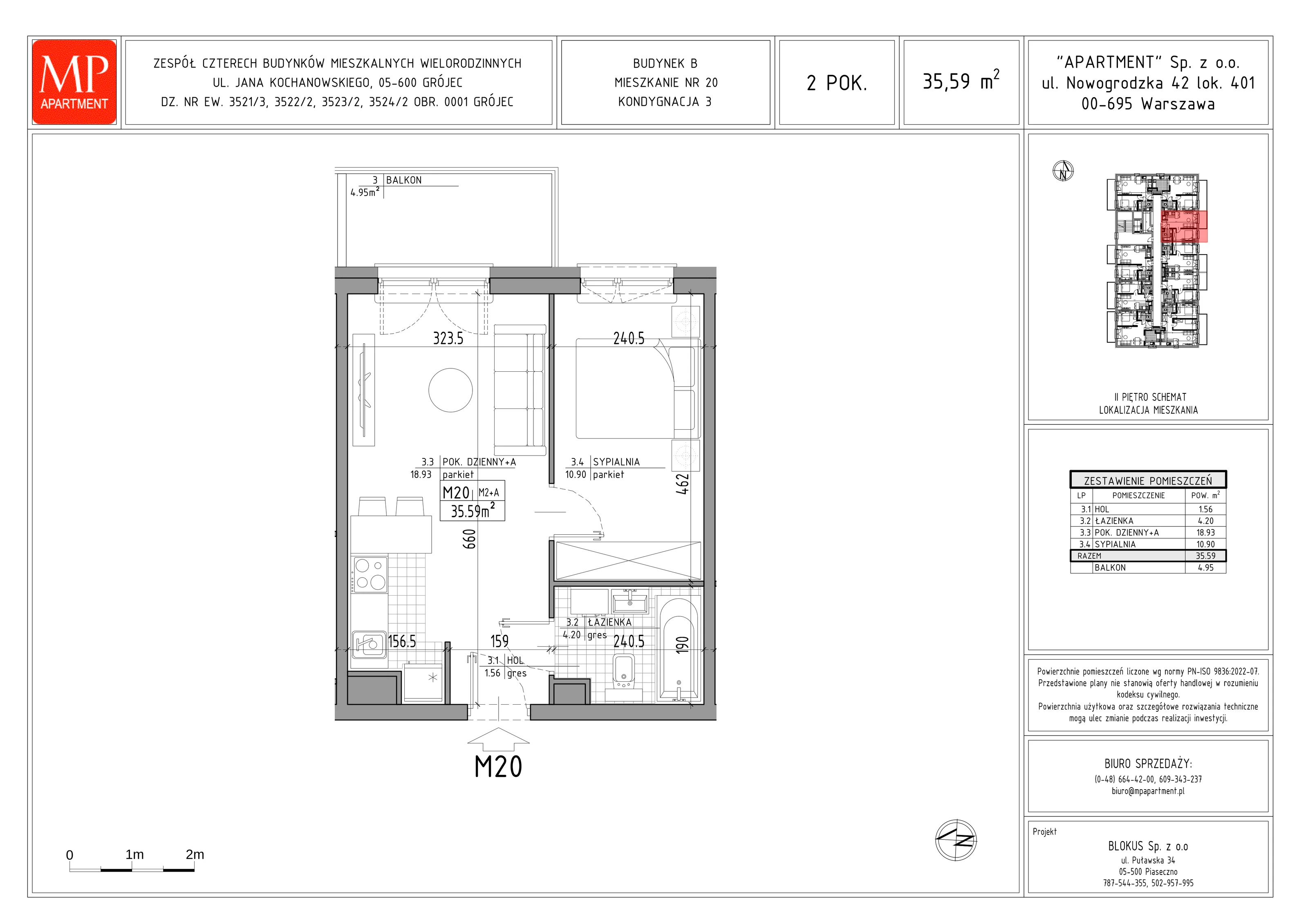 2 pokoje, mieszkanie 35,59 m², piętro 2, oferta nr B.20, Trakt Królewski, Grójec, ul. Mikołaja Reja 9