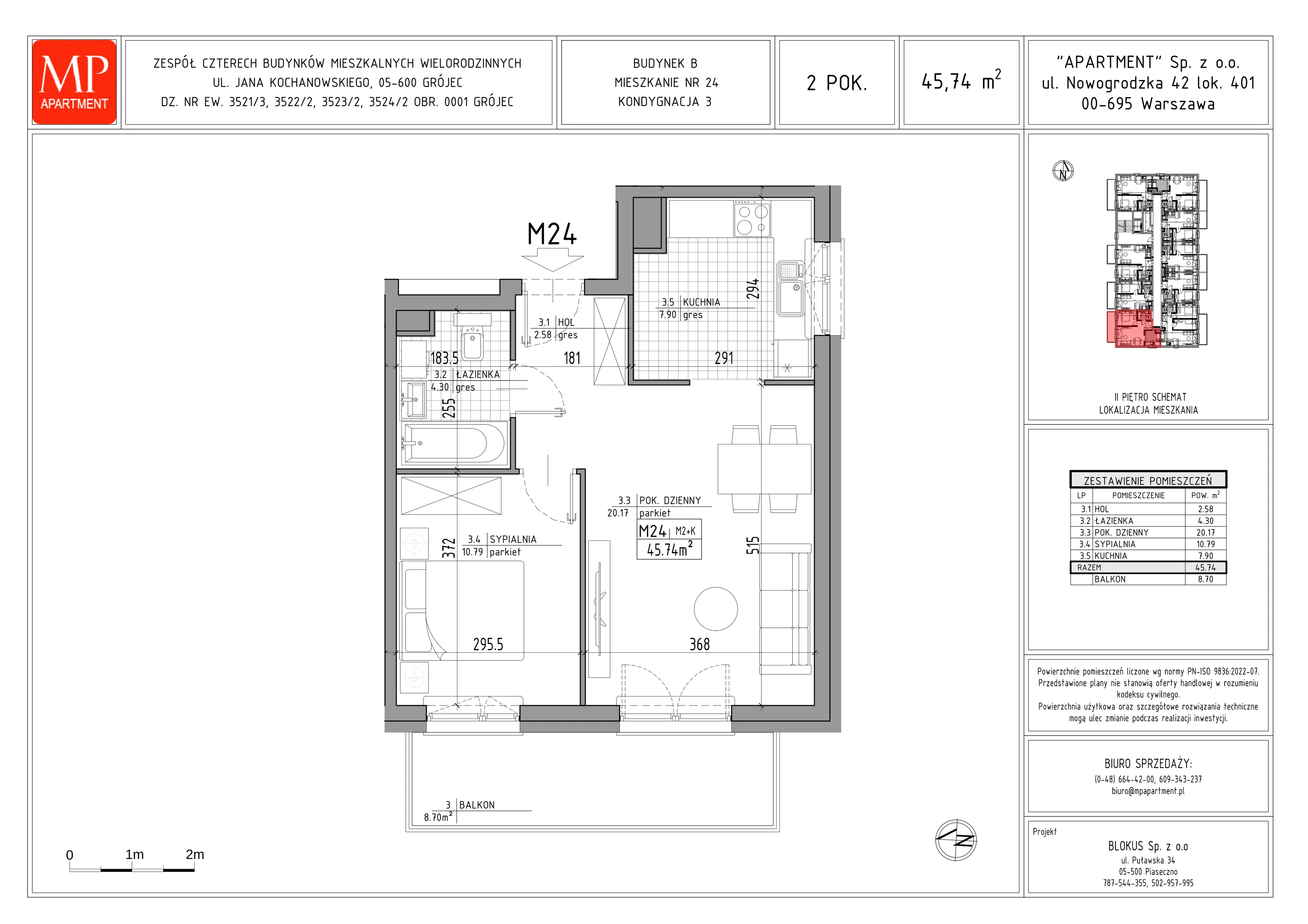 2 pokoje, mieszkanie 45,74 m², piętro 2, oferta nr B.24, Trakt Królewski, Grójec, ul. Mikołaja Reja 9