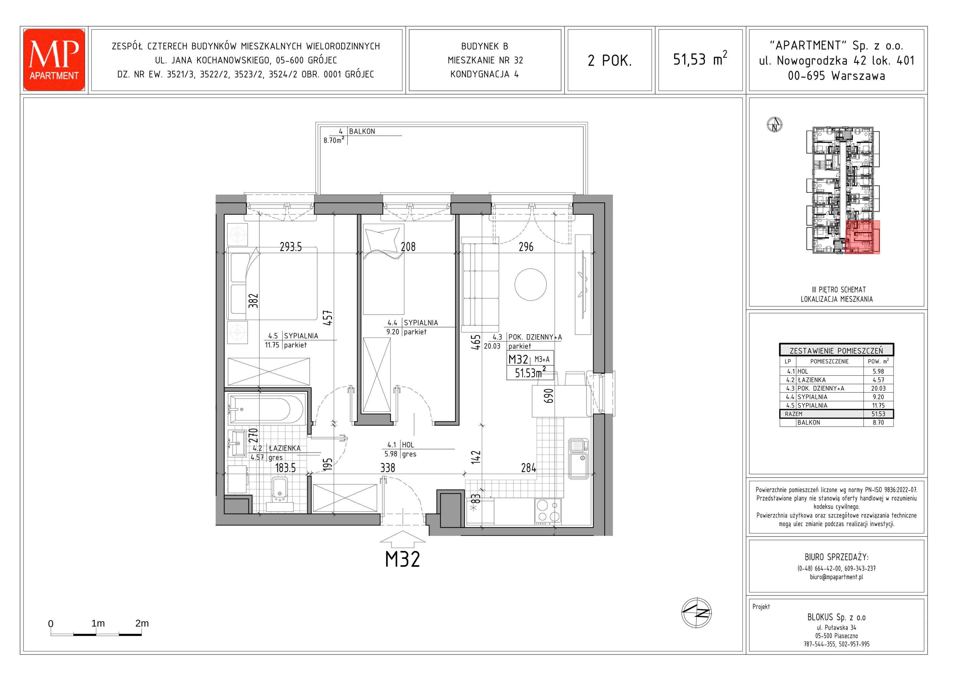3 pokoje, mieszkanie 51,53 m², piętro 3, oferta nr B.32, Trakt Królewski, Grójec, ul. Mikołaja Reja 9