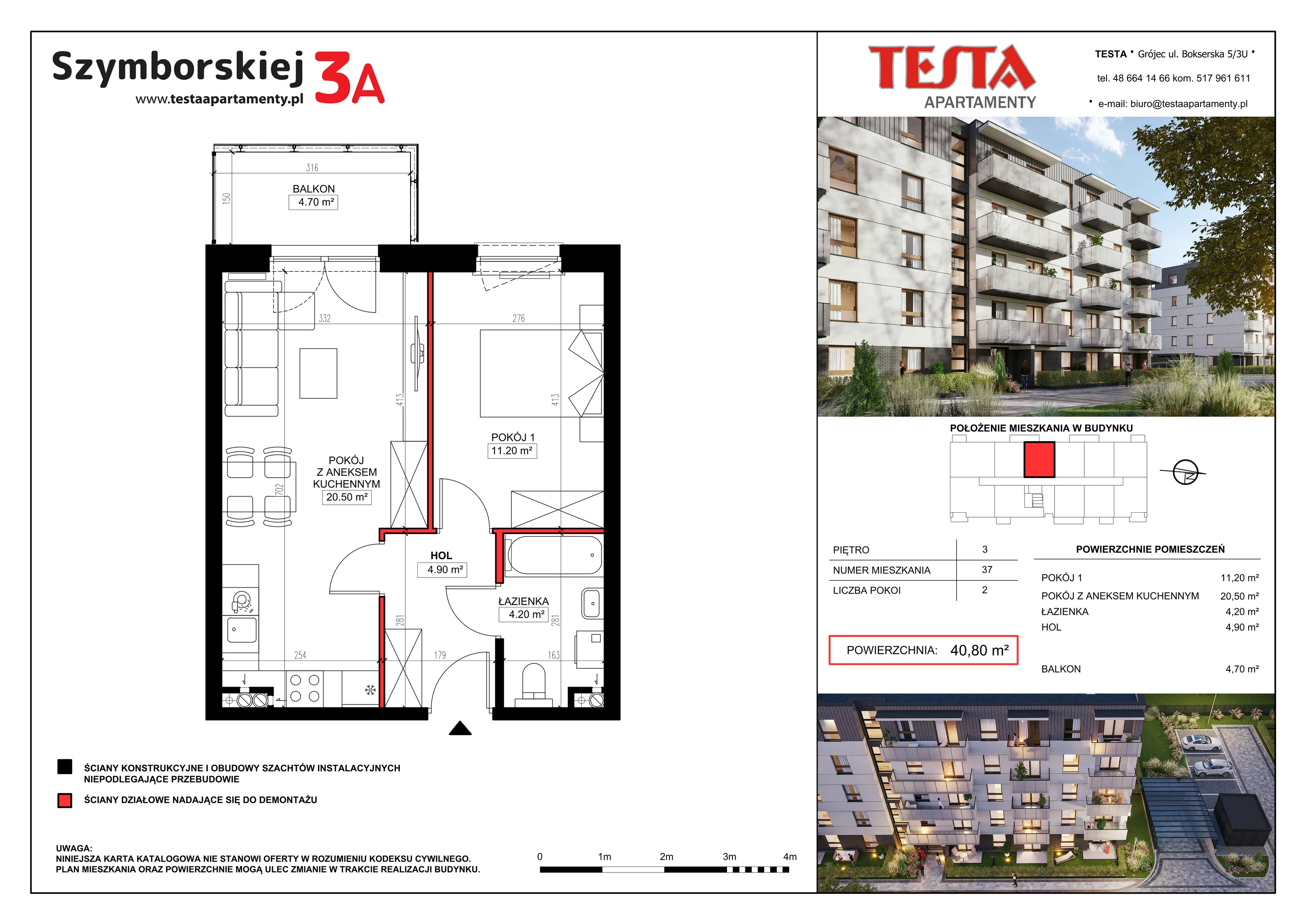 2 pokoje, mieszkanie 40,80 m², piętro 3, oferta nr 3A.37, Szymborskiej 3A i 3B, Grójec, ul. Wisławy Szymborskiej 3