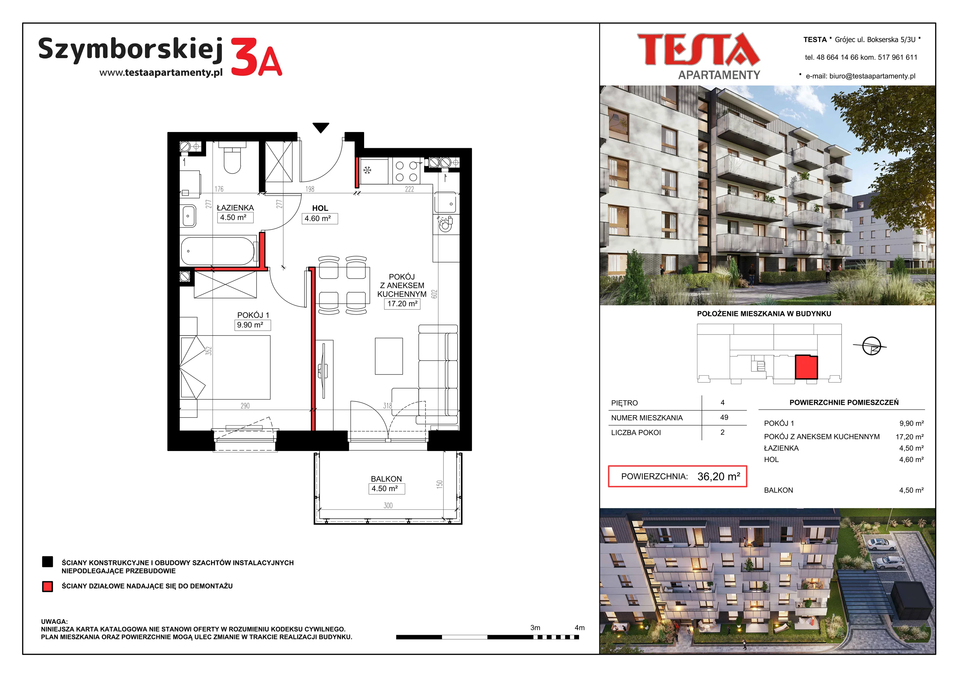 2 pokoje, mieszkanie 36,20 m², piętro 4, oferta nr 3A.49, Szymborskiej 3A i 3B, Grójec, ul. Wisławy Szymborskiej 3