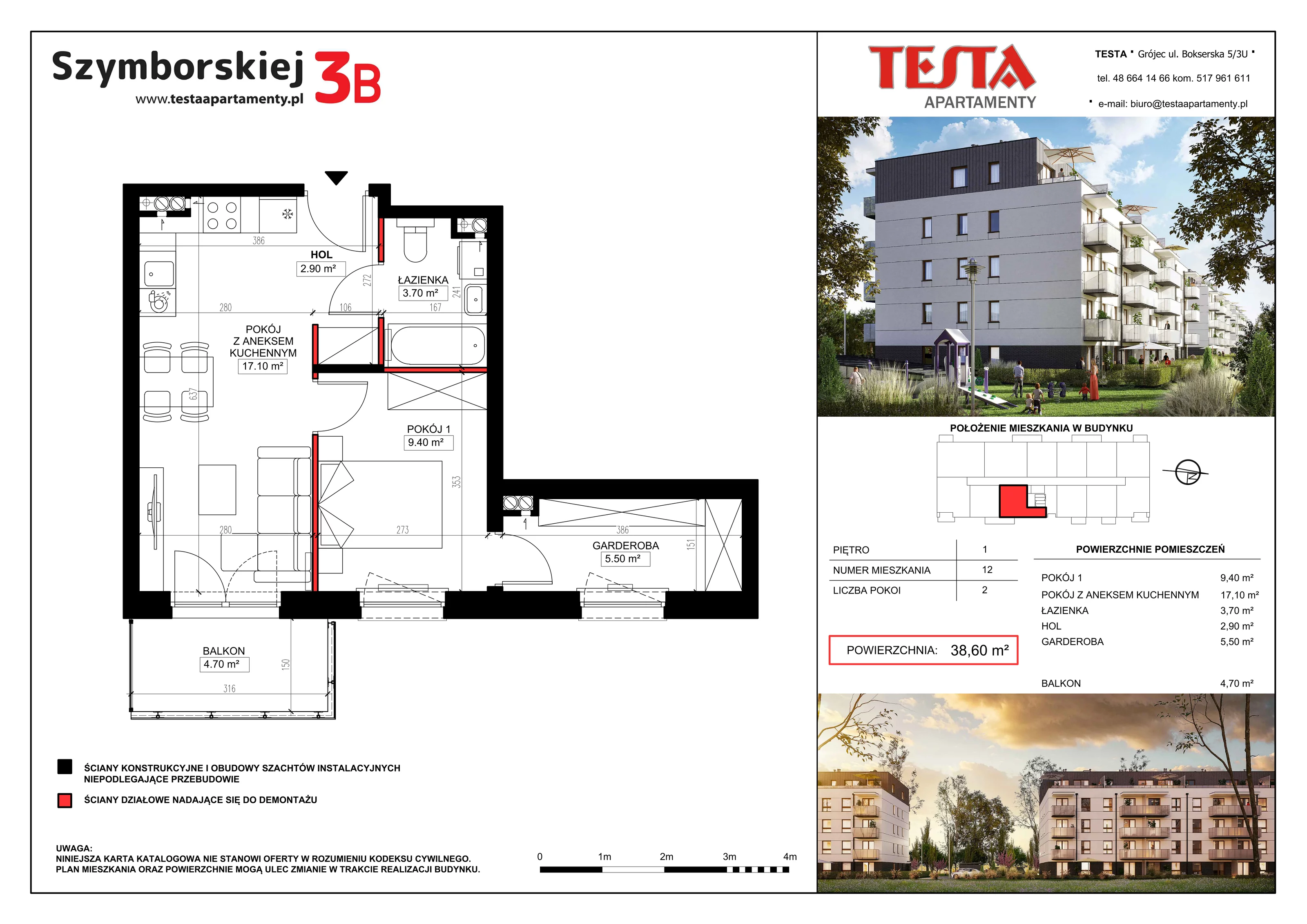 2 pokoje, mieszkanie 38,60 m², piętro 1, oferta nr 3B.12, Szymborskiej 3A i 3B, Grójec, ul. Wisławy Szymborskiej 3