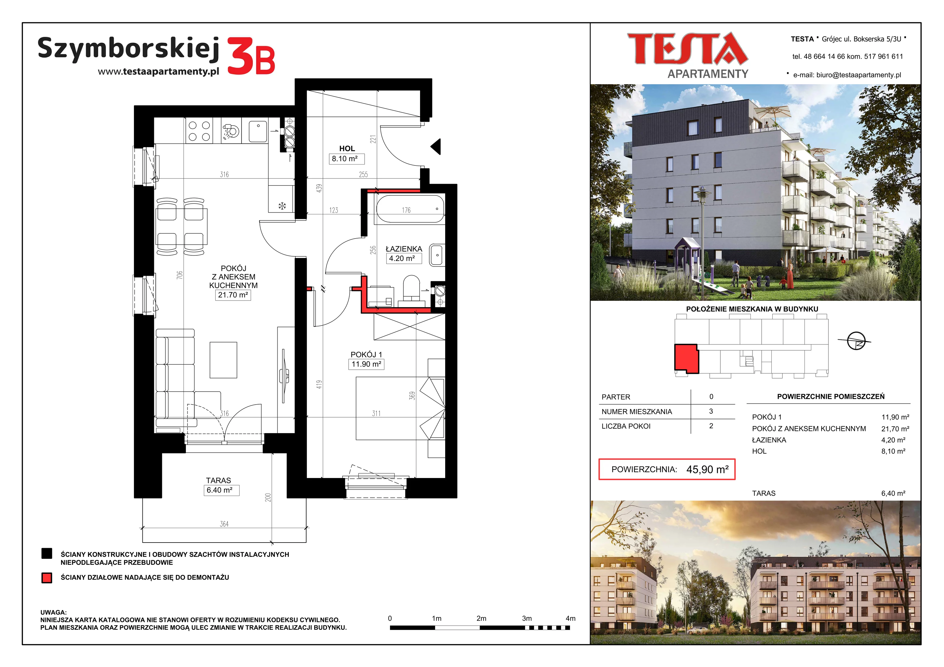 2 pokoje, mieszkanie 45,90 m², parter, oferta nr 3B.3, Szymborskiej 3A i 3B, Grójec, ul. Wisławy Szymborskiej 3