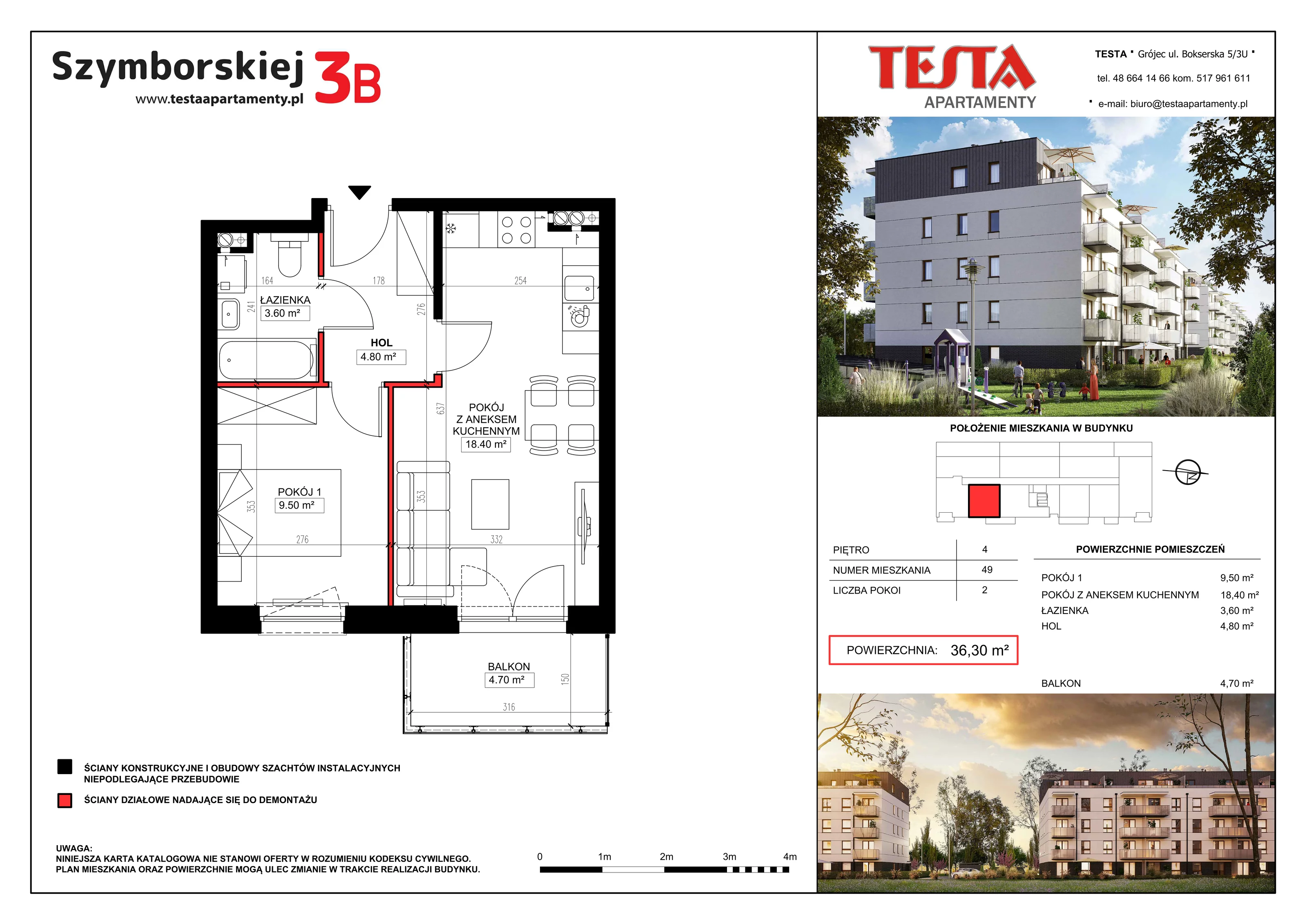 2 pokoje, mieszkanie 36,30 m², piętro 4, oferta nr 3B.49, Szymborskiej 3A i 3B, Grójec, ul. Wisławy Szymborskiej 3