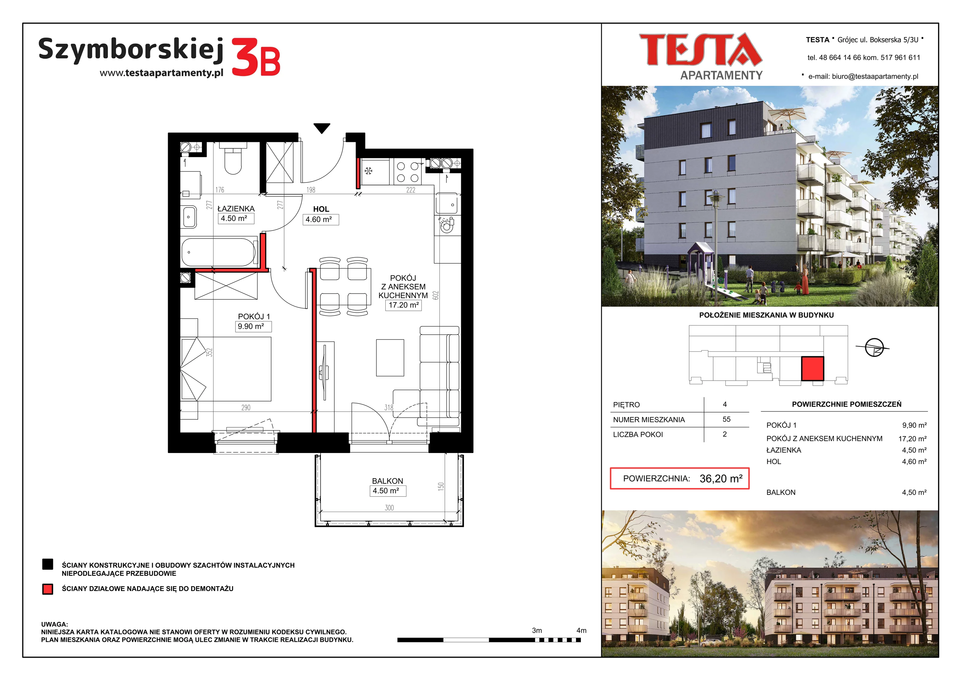 2 pokoje, mieszkanie 36,20 m², piętro 4, oferta nr 3B.55, Szymborskiej 3A i 3B, Grójec, ul. Wisławy Szymborskiej 3