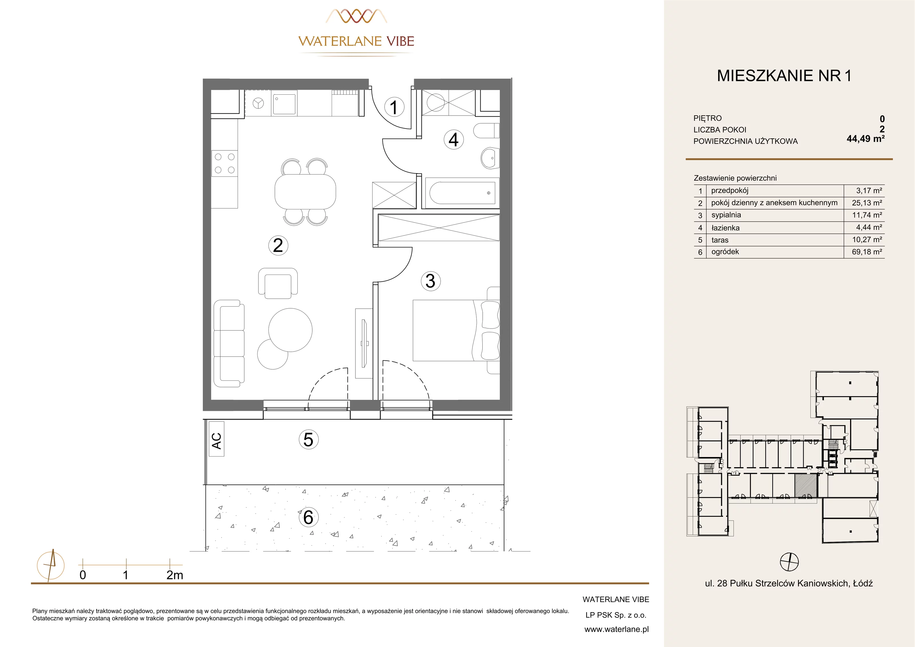 2 pokoje, apartament 44,49 m², parter, oferta nr 1, Waterlane Vibe, Łódź, Polesie, Stare Polesie, ul. 28 Pułku Strzelców Kaniowskich 29