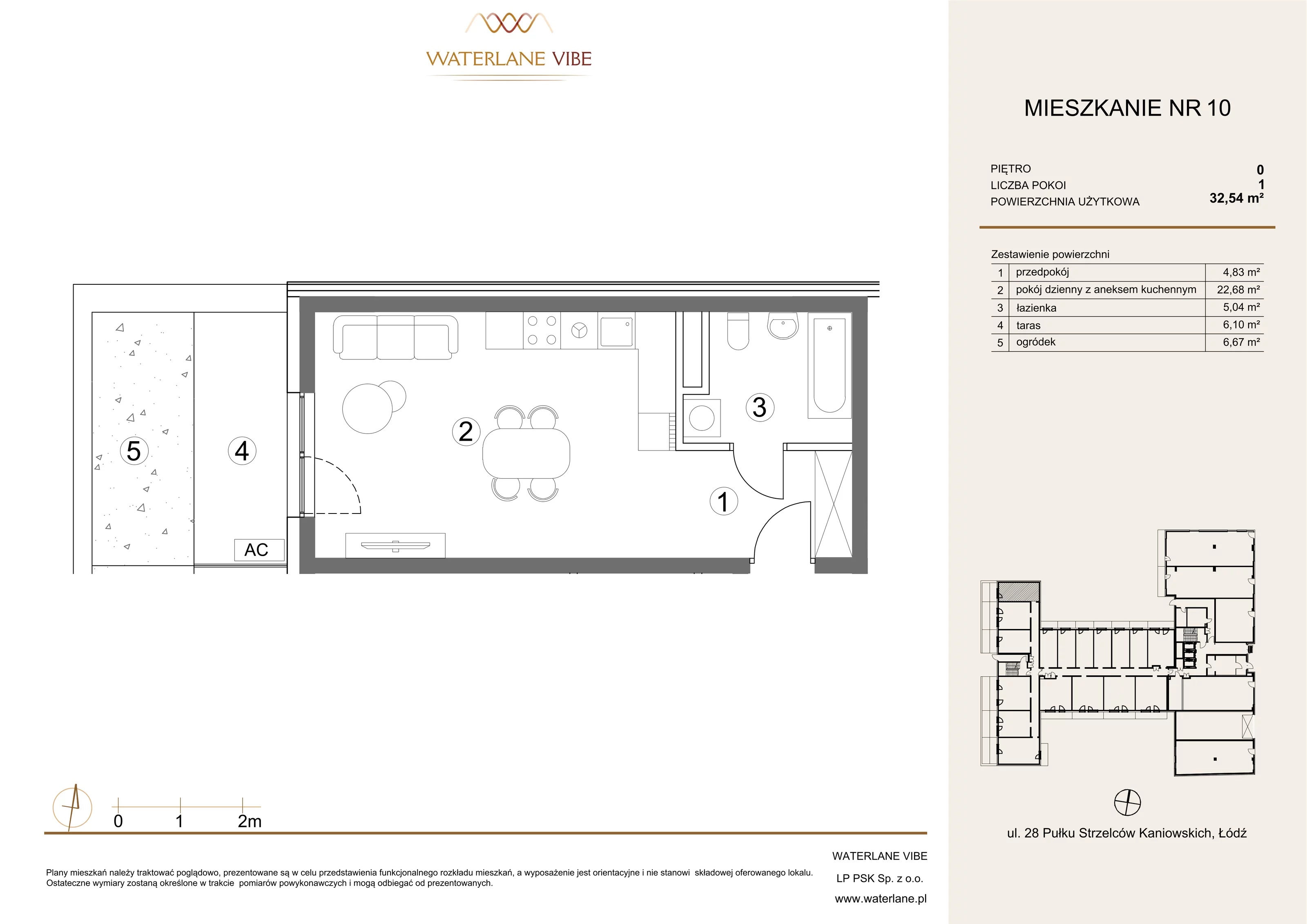 1 pokój, apartament 32,54 m², parter, oferta nr 10, Waterlane Vibe, Łódź, Polesie, Stare Polesie, ul. 28 Pułku Strzelców Kaniowskich 29