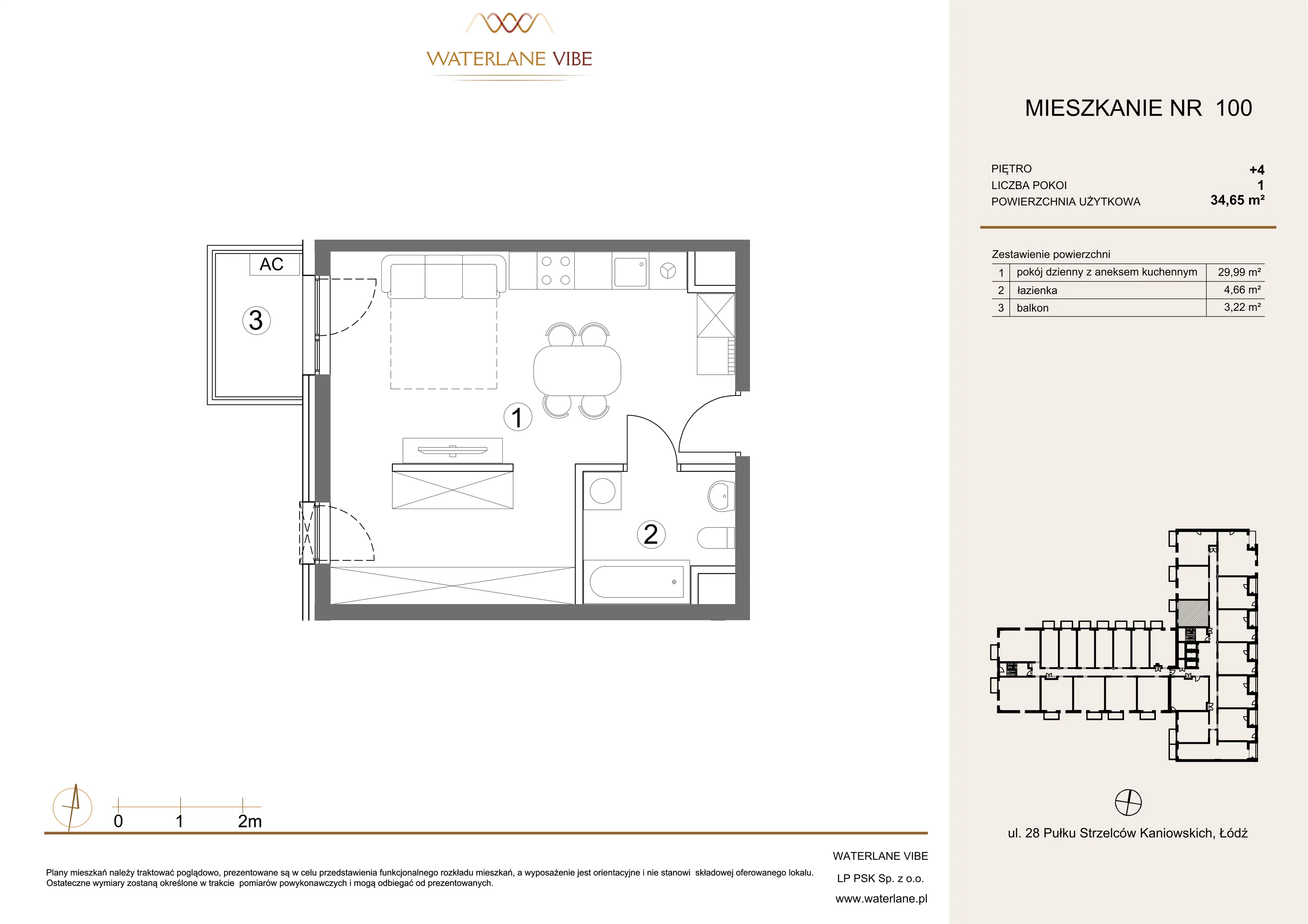 1 pokój, mieszkanie 34,65 m², piętro 4, oferta nr 100, Waterlane Vibe, Łódź, Polesie, Stare Polesie, ul. 28 Pułku Strzelców Kaniowskich 29