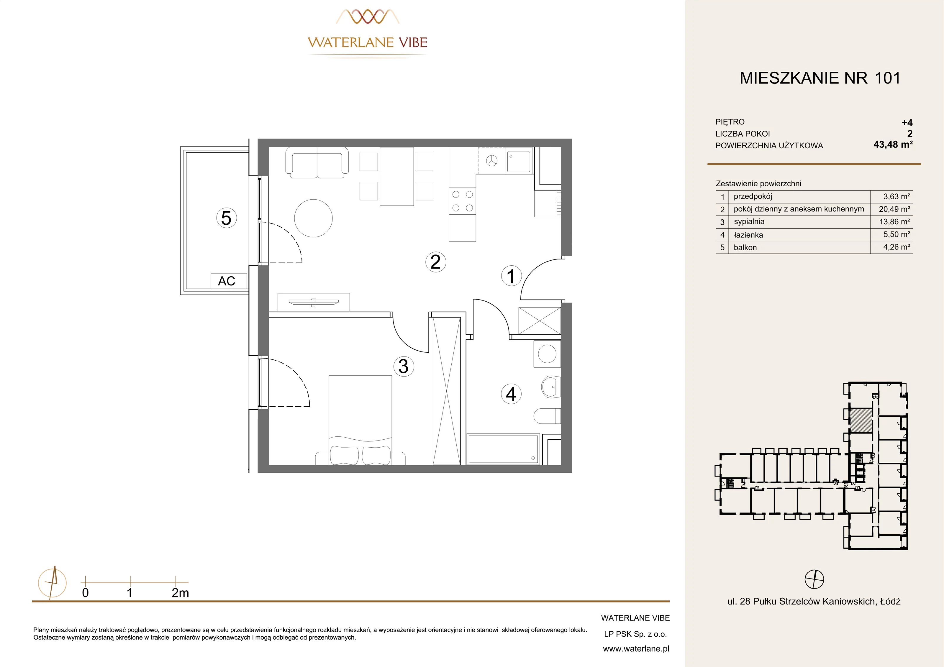 2 pokoje, mieszkanie 43,48 m², piętro 4, oferta nr 101, Waterlane Vibe, Łódź, Polesie, Stare Polesie, ul. 28 Pułku Strzelców Kaniowskich 29