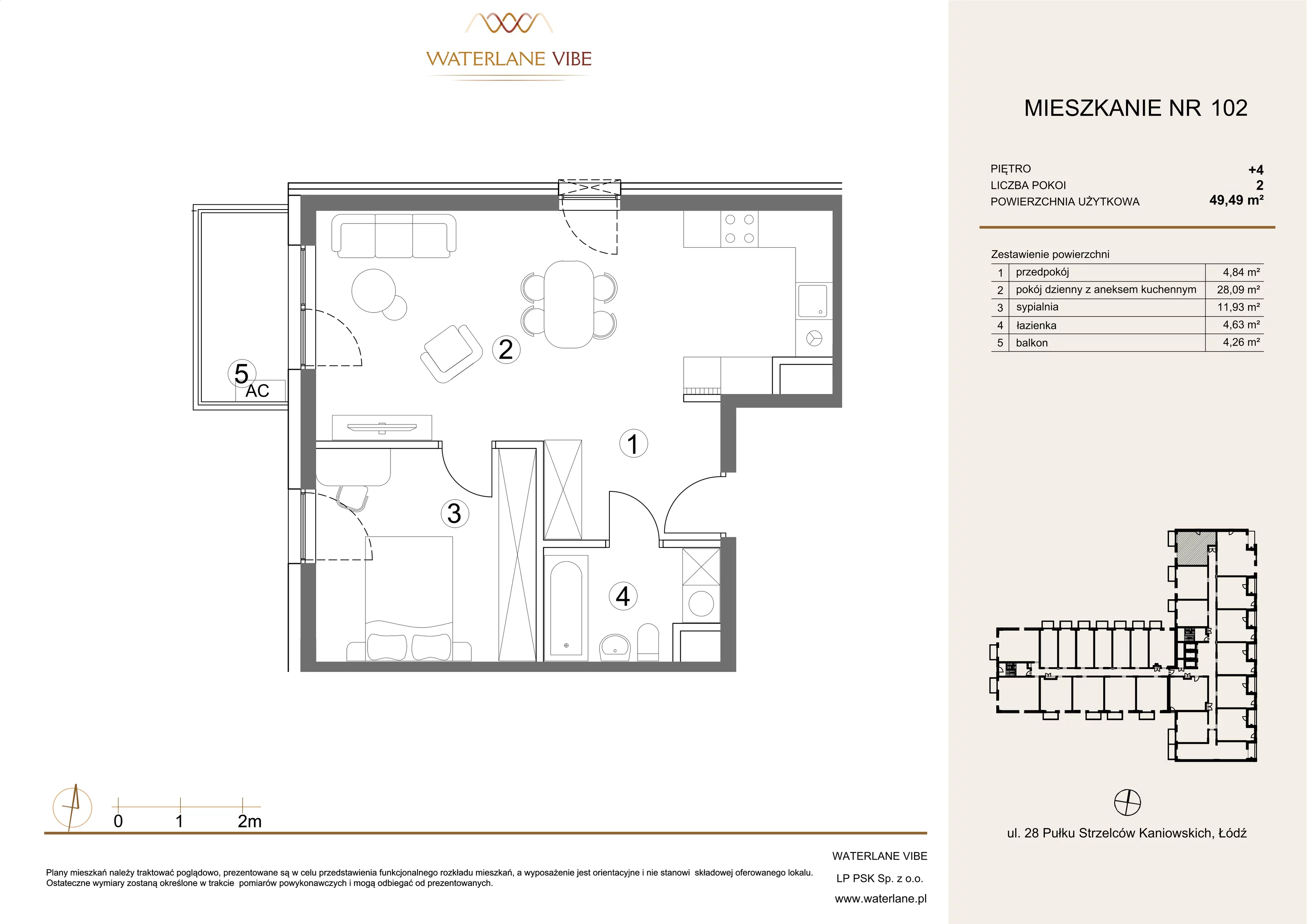 2 pokoje, mieszkanie 49,49 m², piętro 4, oferta nr 102, Waterlane Vibe, Łódź, Polesie, Stare Polesie, ul. 28 Pułku Strzelców Kaniowskich 29