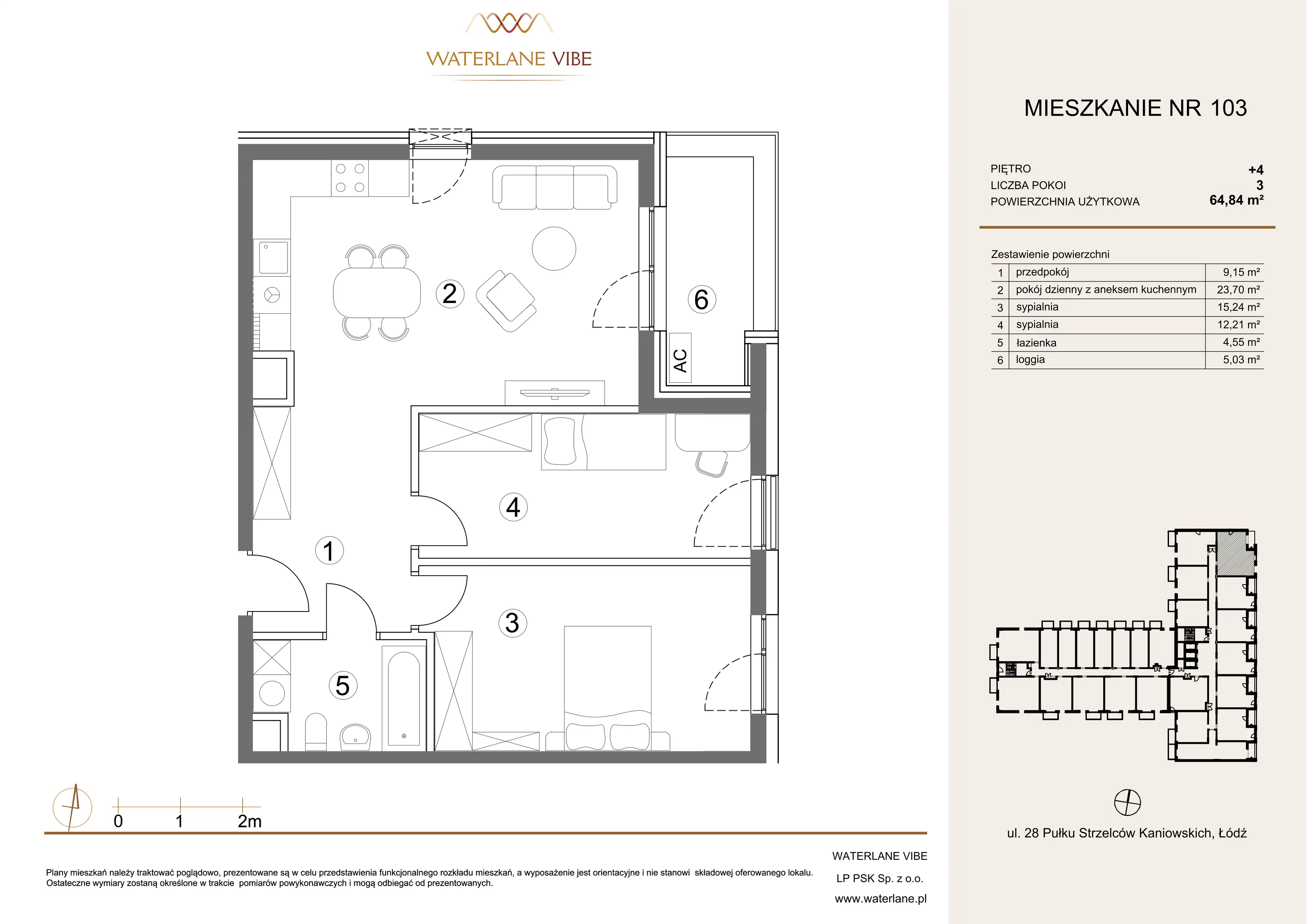3 pokoje, mieszkanie 64,84 m², piętro 4, oferta nr 103, Waterlane Vibe, Łódź, Polesie, Stare Polesie, ul. 28 Pułku Strzelców Kaniowskich 29