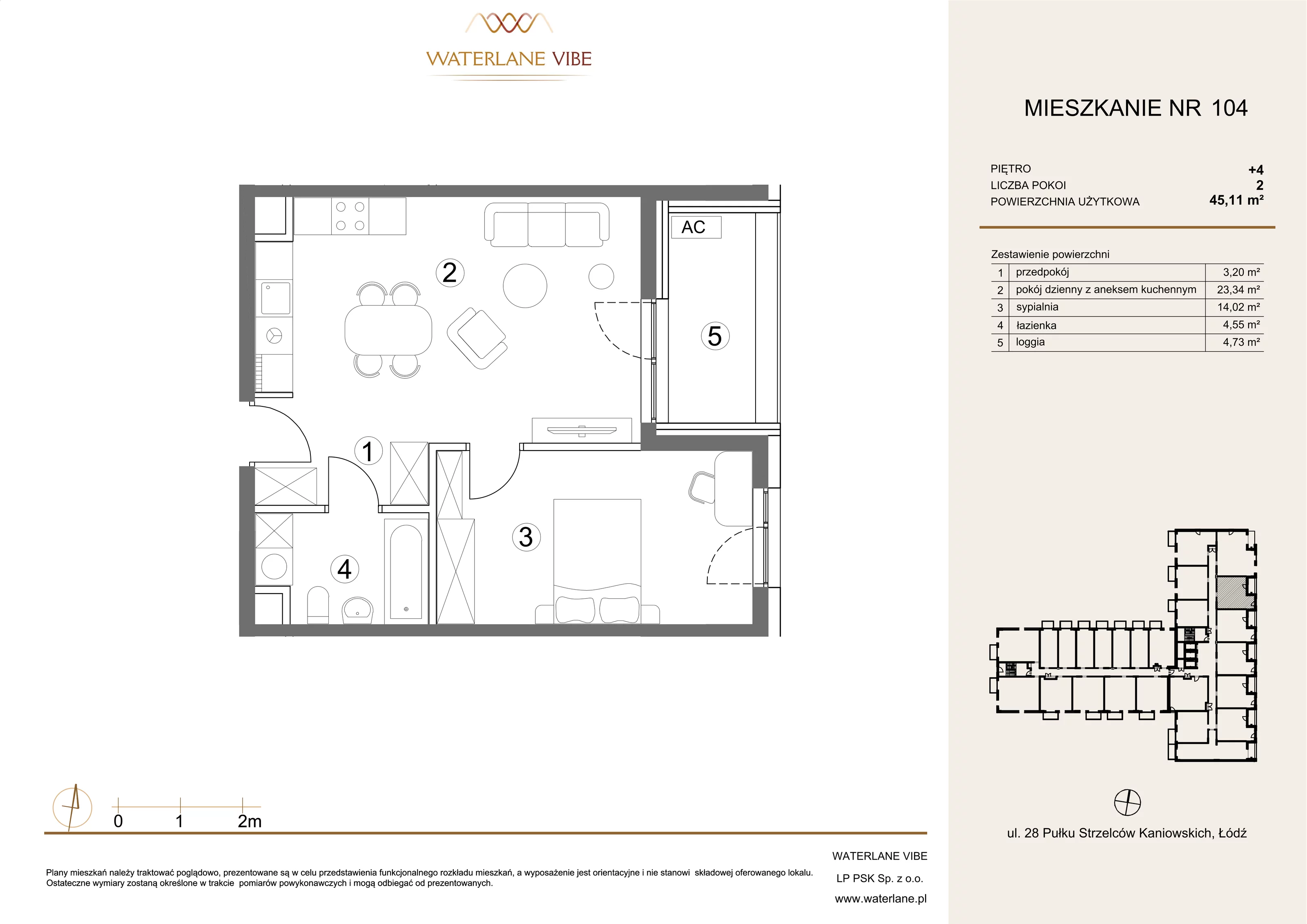 2 pokoje, mieszkanie 45,11 m², piętro 4, oferta nr 104, Waterlane Vibe, Łódź, Polesie, Stare Polesie, ul. 28 Pułku Strzelców Kaniowskich 29