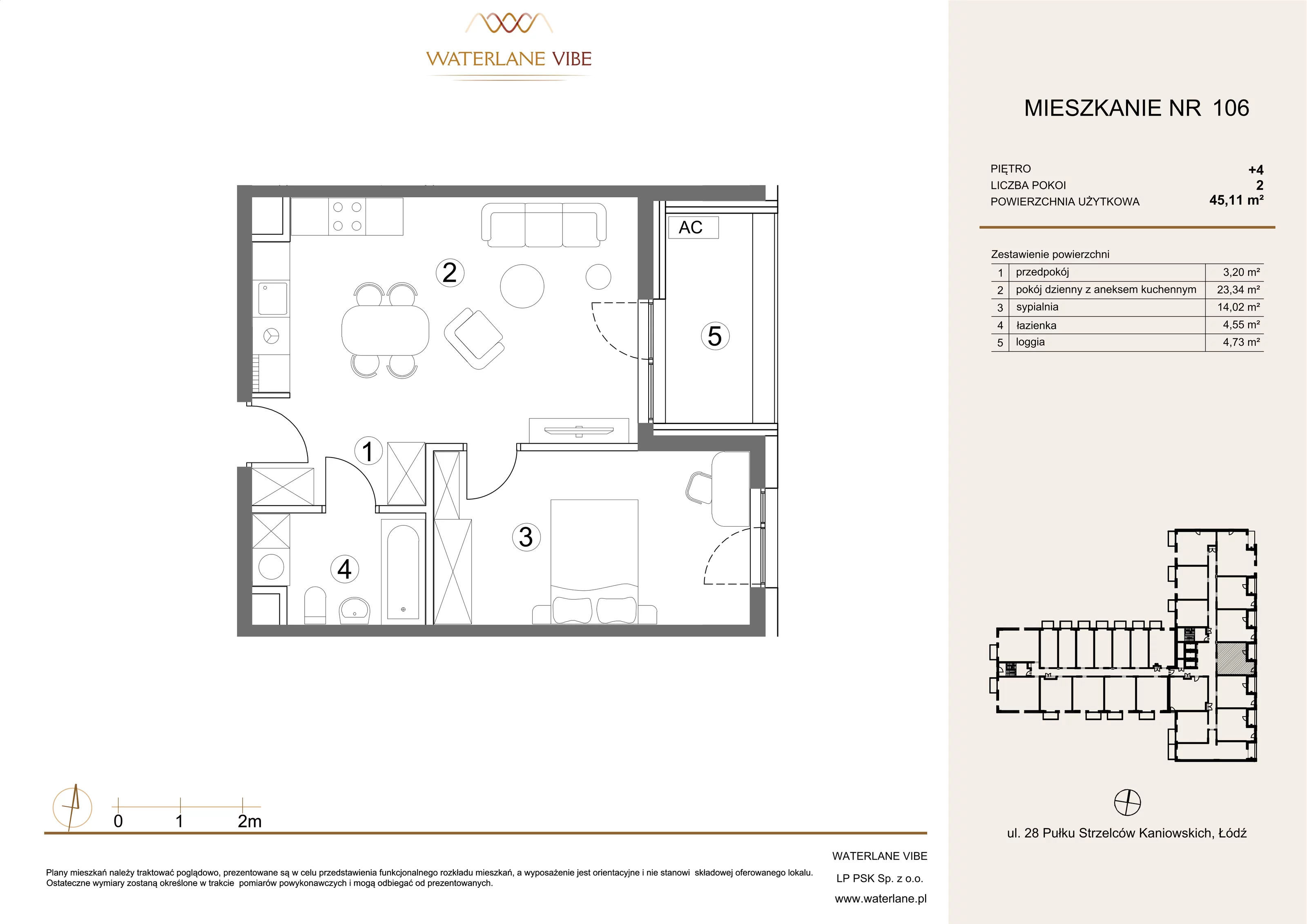 2 pokoje, mieszkanie 45,11 m², piętro 4, oferta nr 106, Waterlane Vibe, Łódź, Polesie, Stare Polesie, ul. 28 Pułku Strzelców Kaniowskich 29