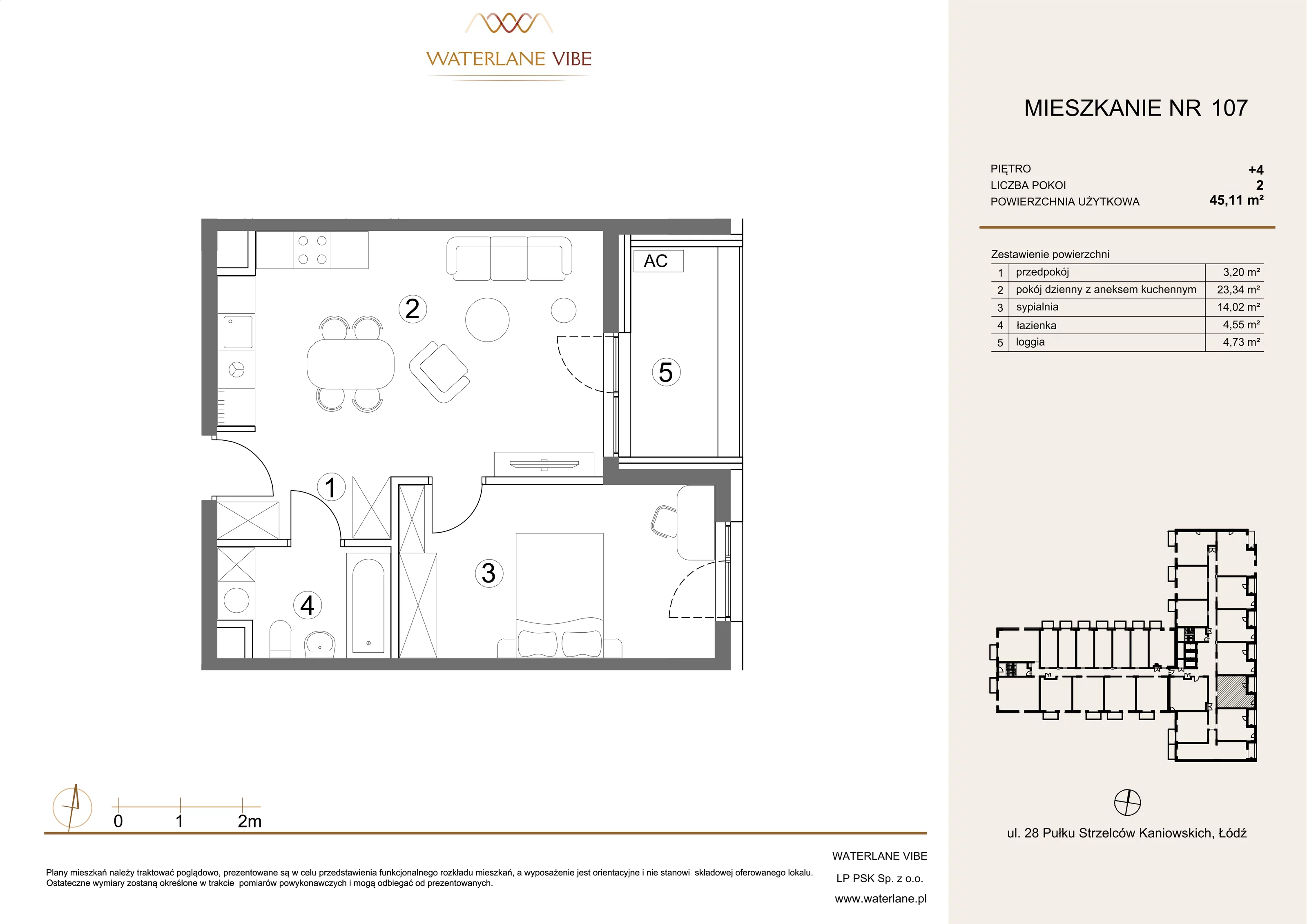 2 pokoje, mieszkanie 45,11 m², piętro 4, oferta nr 107, Waterlane Vibe, Łódź, Polesie, Stare Polesie, ul. 28 Pułku Strzelców Kaniowskich 29