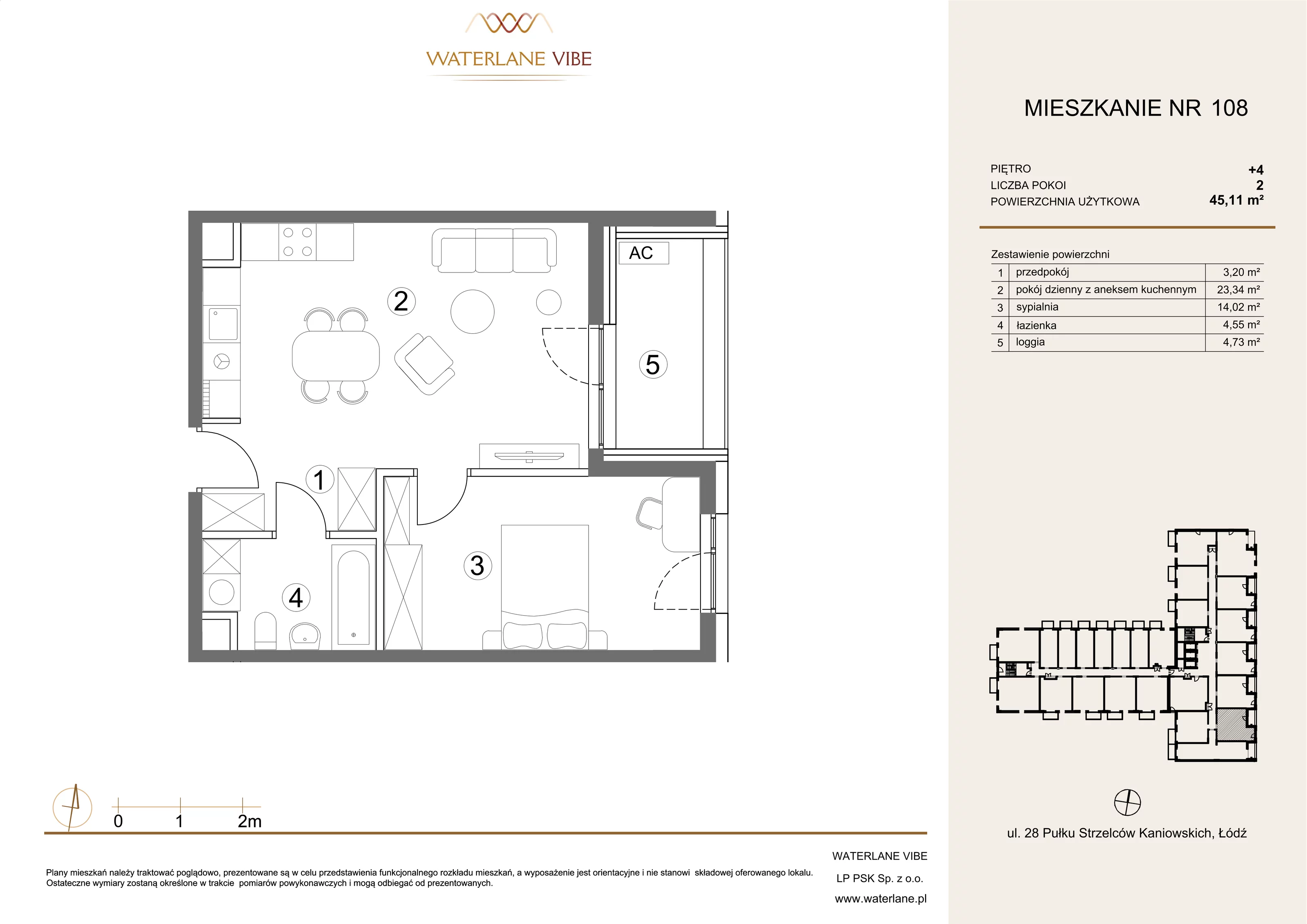2 pokoje, mieszkanie 45,11 m², piętro 4, oferta nr 108, Waterlane Vibe, Łódź, Polesie, Stare Polesie, ul. 28 Pułku Strzelców Kaniowskich 29