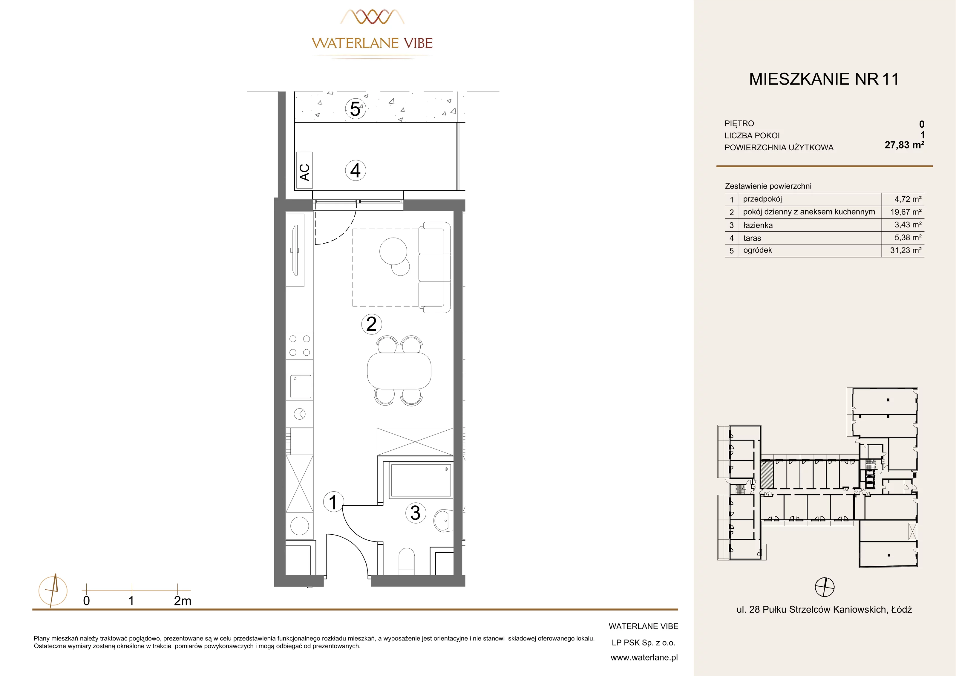 1 pokój, apartament 27,83 m², parter, oferta nr 11, Waterlane Vibe, Łódź, Polesie, Stare Polesie, ul. 28 Pułku Strzelców Kaniowskich 29