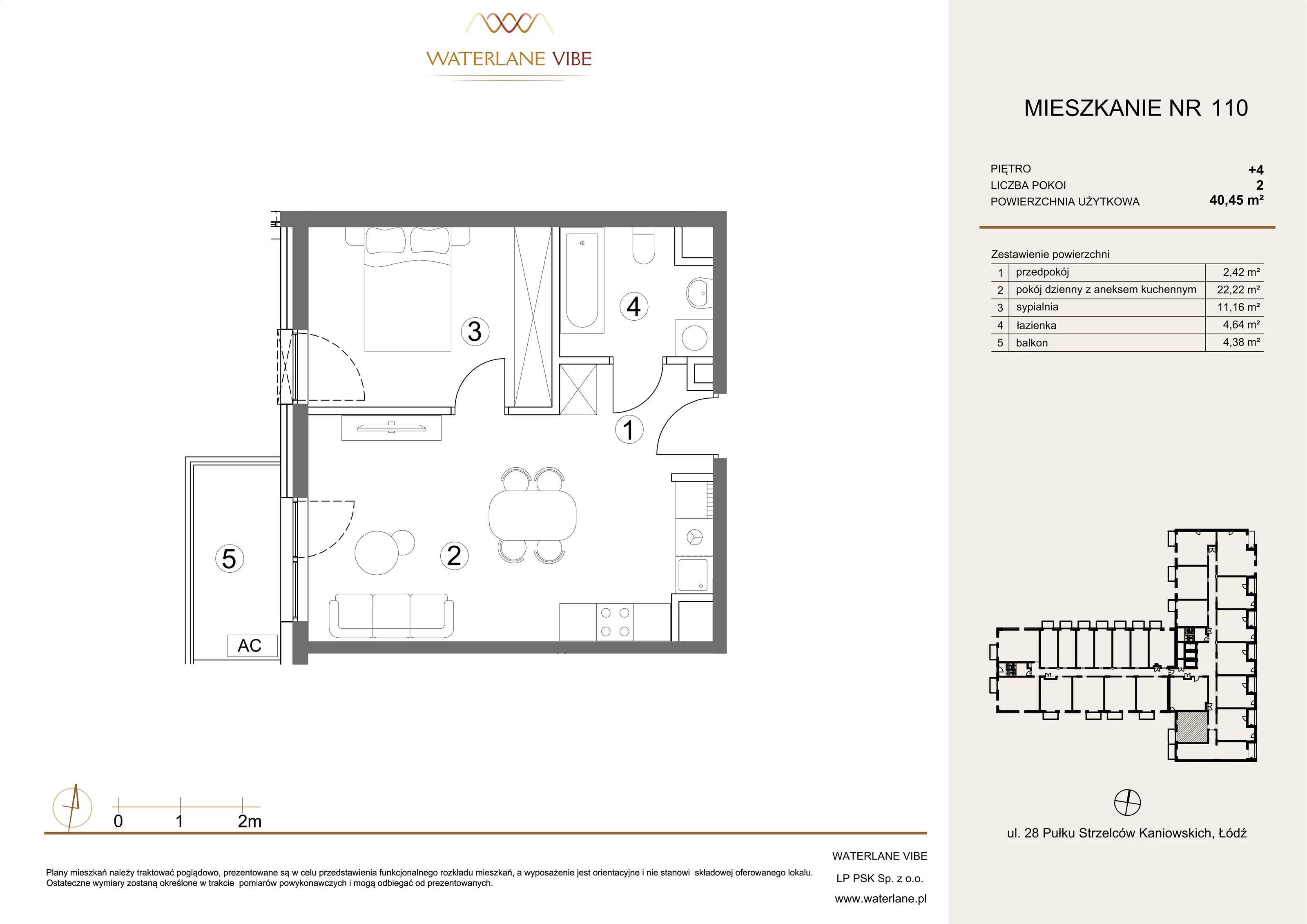 2 pokoje, mieszkanie 40,45 m², piętro 4, oferta nr 110, Waterlane Vibe, Łódź, Polesie, Stare Polesie, ul. 28 Pułku Strzelców Kaniowskich 29