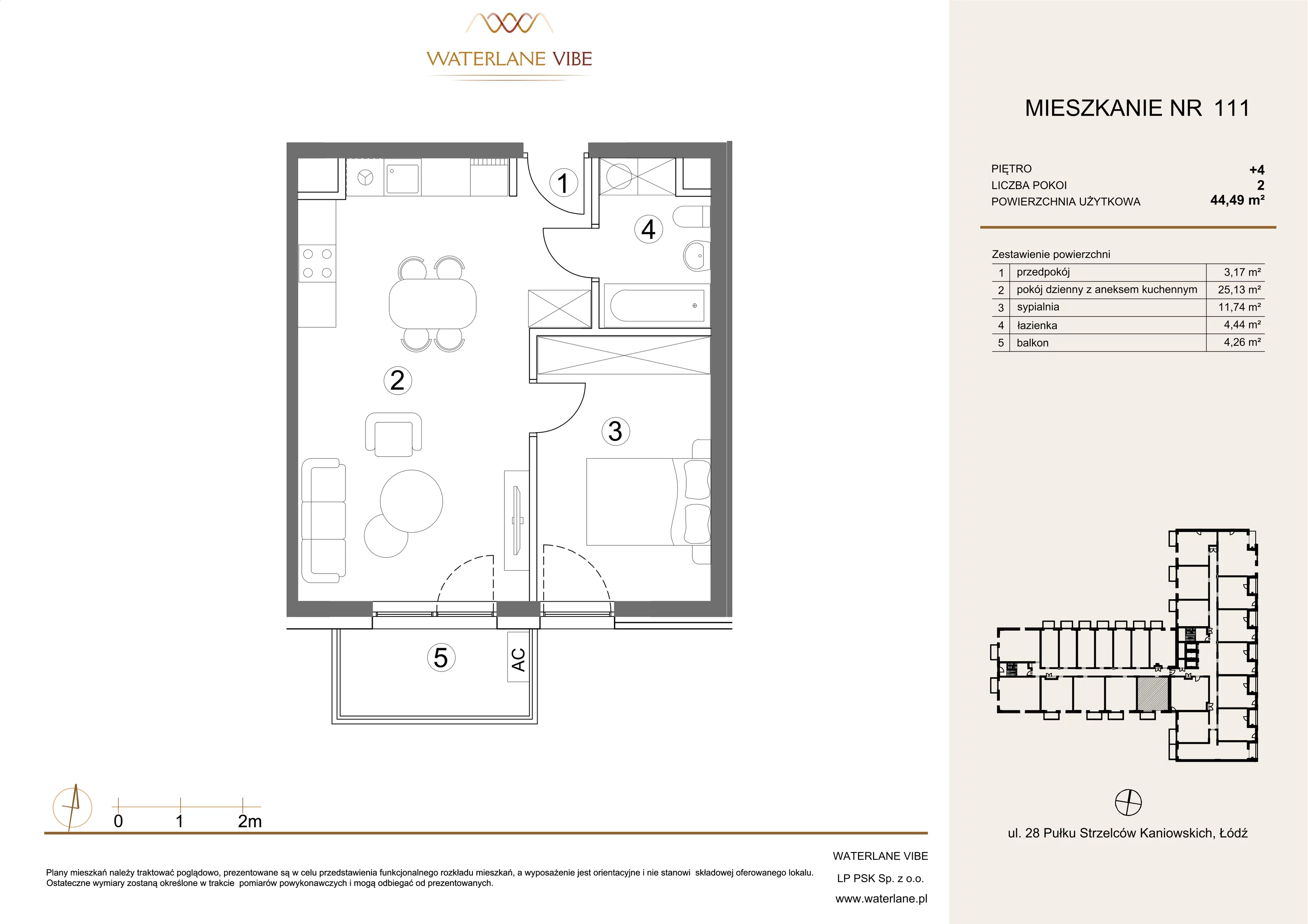 2 pokoje, mieszkanie 44,49 m², piętro 4, oferta nr 111, Waterlane Vibe, Łódź, Polesie, Stare Polesie, ul. 28 Pułku Strzelców Kaniowskich 29