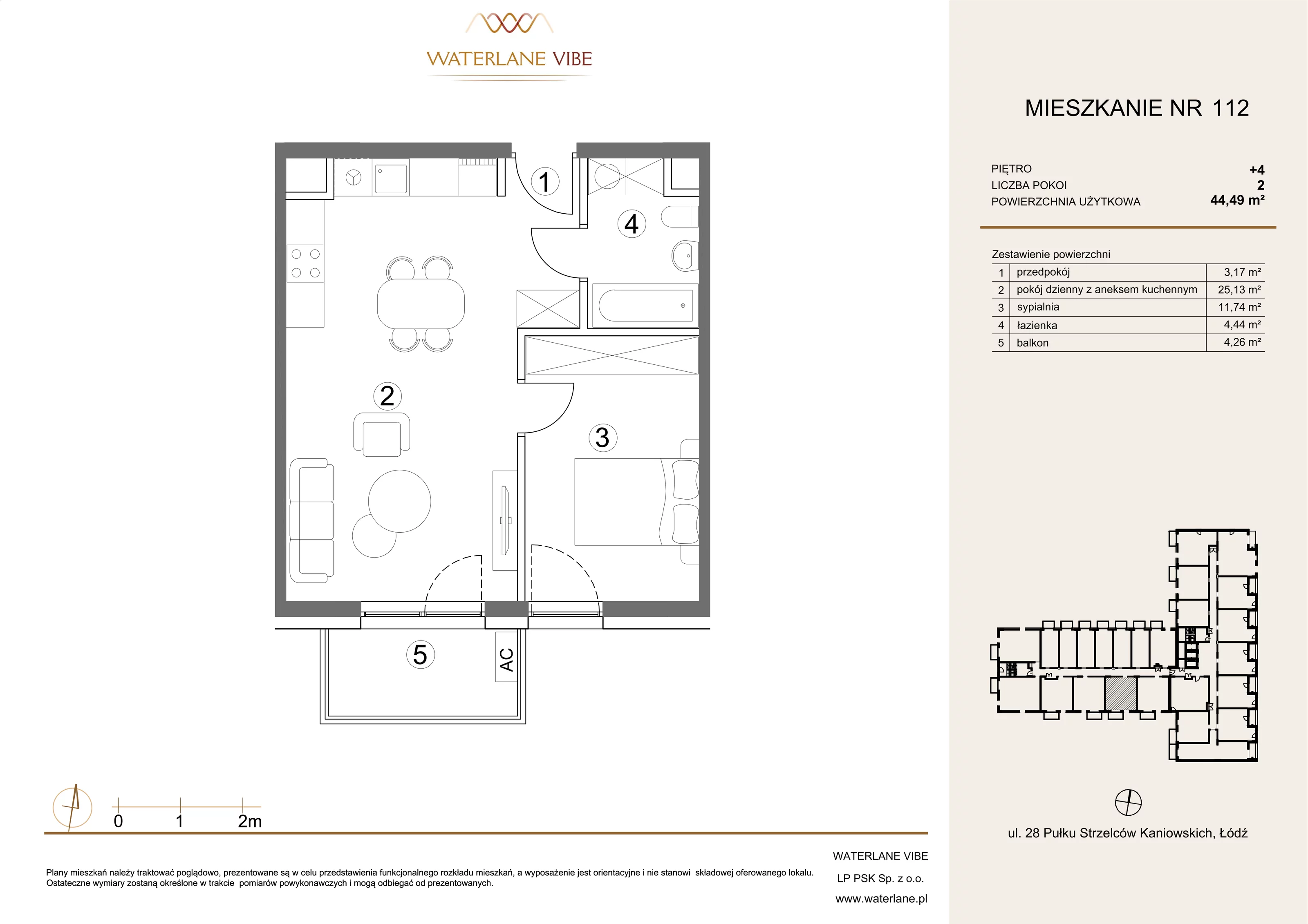 2 pokoje, mieszkanie 44,49 m², piętro 4, oferta nr 112, Waterlane Vibe, Łódź, Polesie, Stare Polesie, ul. 28 Pułku Strzelców Kaniowskich 29
