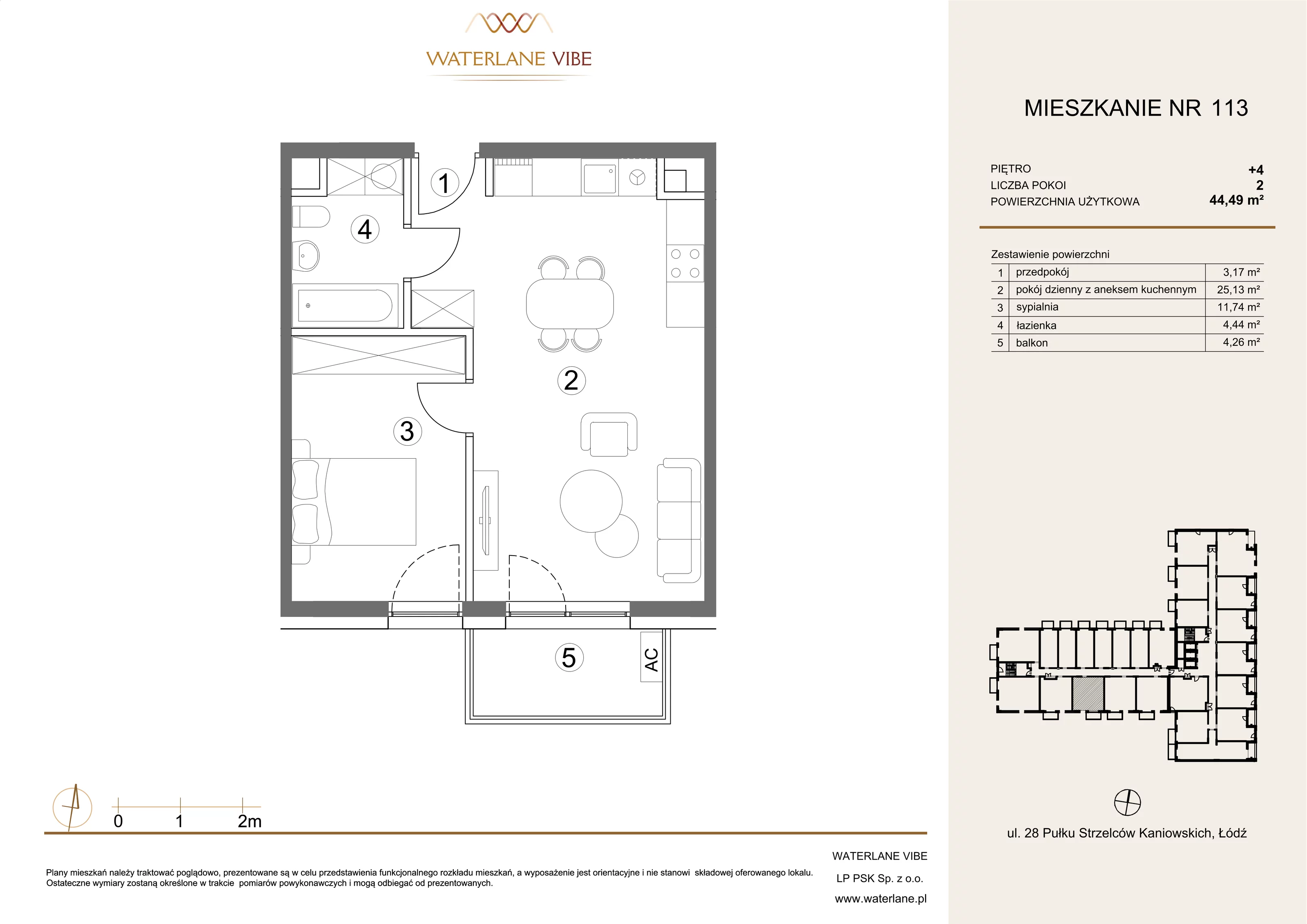 2 pokoje, mieszkanie 44,49 m², piętro 4, oferta nr 113, Waterlane Vibe, Łódź, Polesie, Stare Polesie, ul. 28 Pułku Strzelców Kaniowskich 29