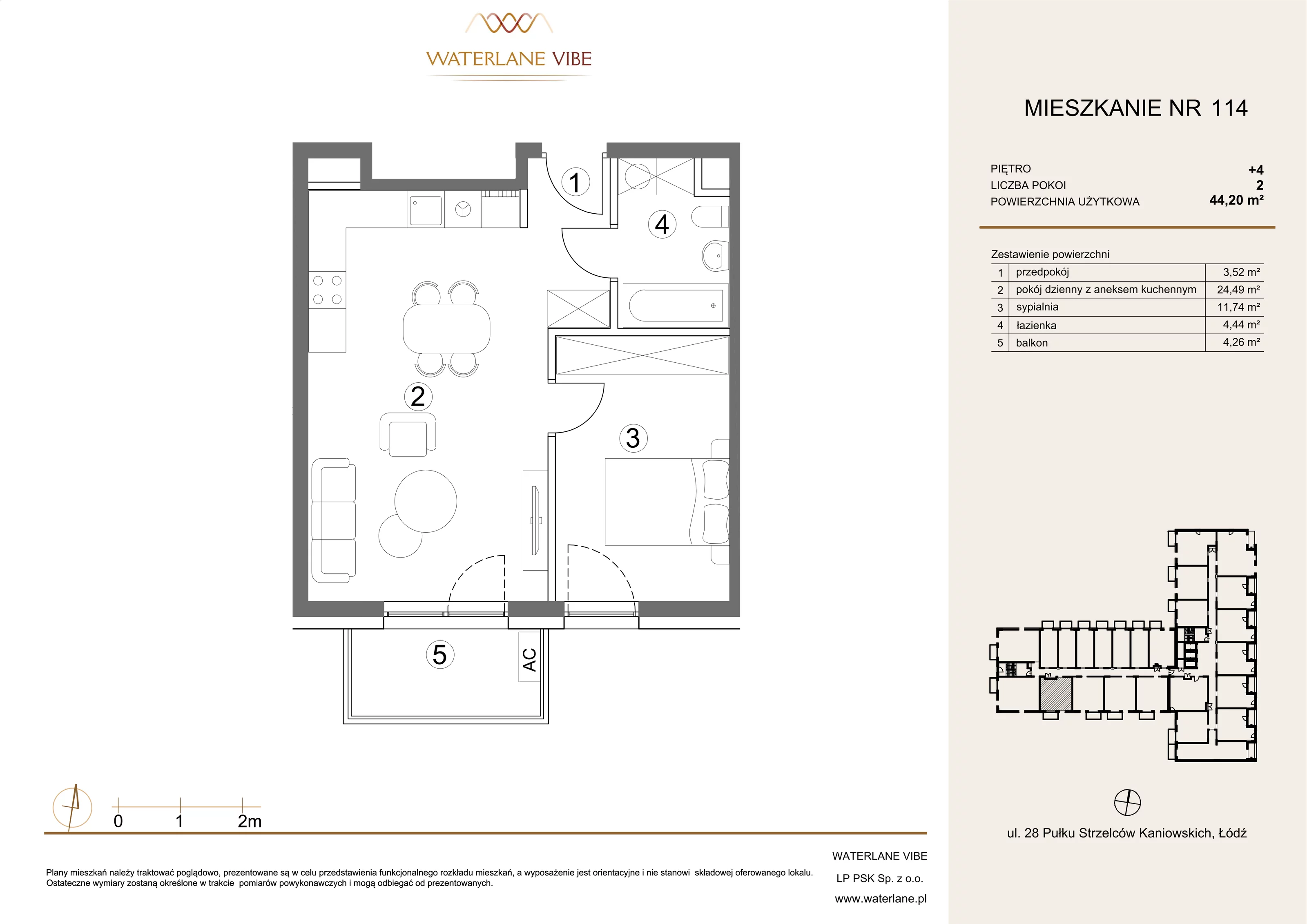 2 pokoje, mieszkanie 44,20 m², piętro 4, oferta nr 114, Waterlane Vibe, Łódź, Polesie, Stare Polesie, ul. 28 Pułku Strzelców Kaniowskich 29