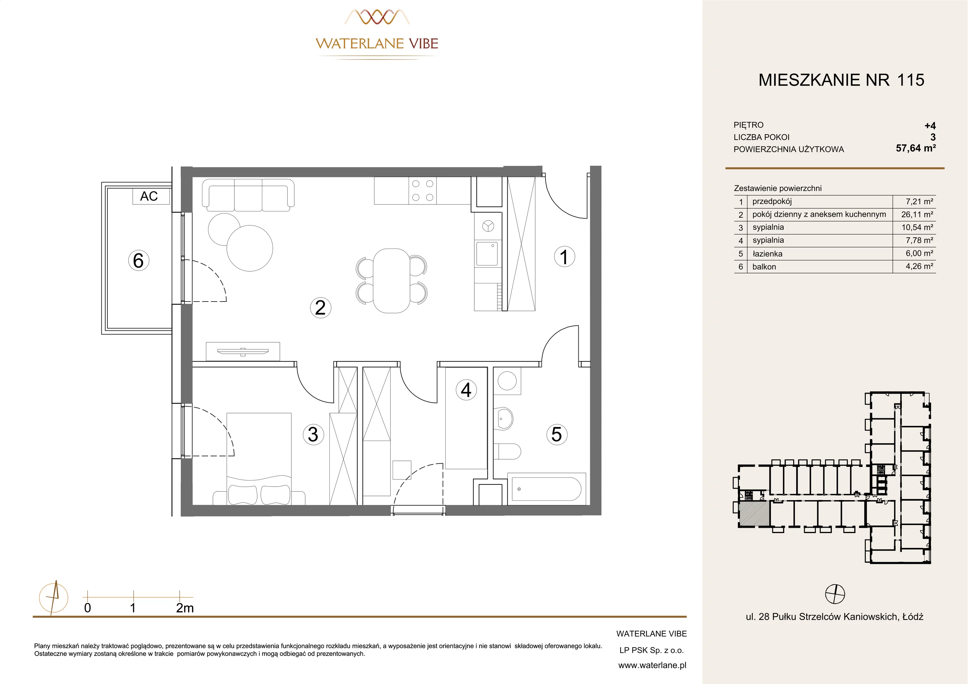 3 pokoje, mieszkanie 57,64 m², piętro 4, oferta nr 115, Waterlane Vibe, Łódź, Polesie, Stare Polesie, ul. 28 Pułku Strzelców Kaniowskich 29
