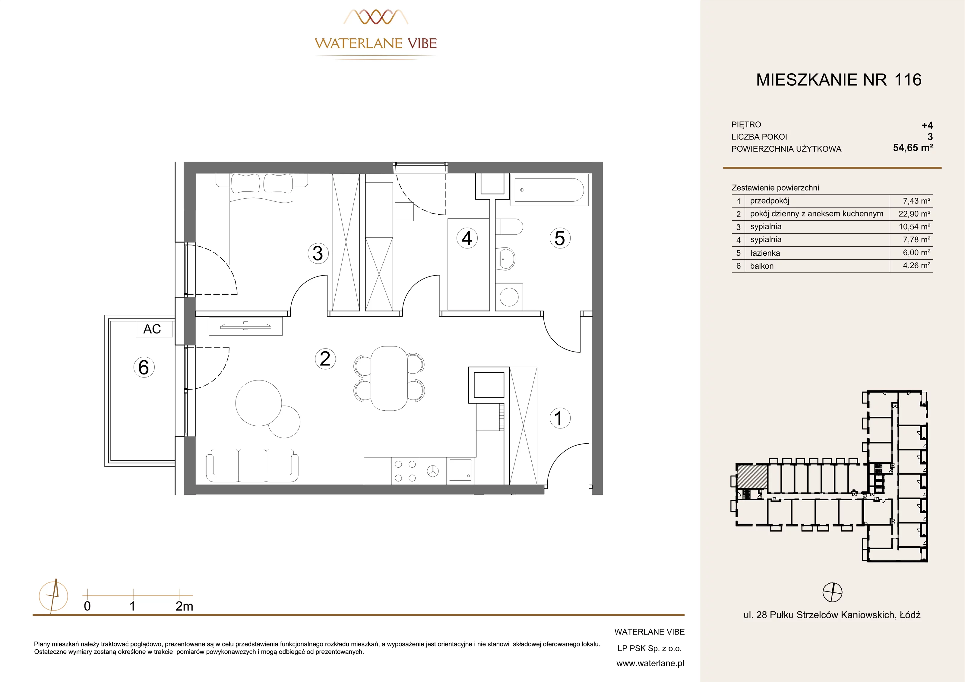 3 pokoje, mieszkanie 54,65 m², piętro 4, oferta nr 116, Waterlane Vibe, Łódź, Polesie, Stare Polesie, ul. 28 Pułku Strzelców Kaniowskich 29